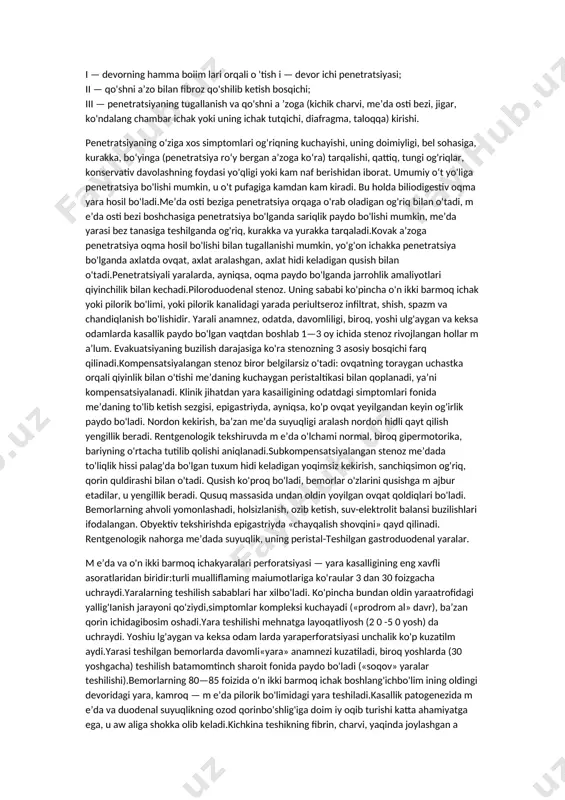 n dalolat beradi. bu holda qondagi gastrin miqdorini tekshirish kerak.m e’daning yara kasalligi. me’da yarasining 3 turi farq qilinadi(jonson, 1965): i turi - me’da kichik egriligi yaralari — meziogastral yaralar; ii turi — m e’da va o ‘n ikki barmoq ichakning qo‘hma yaralari; iii turi — prepilorik yaralar. ko'pincha (60% hollarda) i tipga oid yaralar va 20% da ii va iii tiplarga oid yaralar uchraydi.m e’da yaralarining kelib chiqish sabablari xilma-xil bo'ladi. bosh sababchilaridan biri m e’dadan passajni buzilishi natijasida ro'y beradigan duodenogastral refluks, piloroduodenal segment motorikasi buzilishi, pilorusdagi yetishmovchilik hisoblanadi. o'n ikki barmoq ichak ichidagi m oddalar (lizoletsitin, o't kislotalari) me’da shilliq pardasi himoya barerini buzadi, vodorod ionlarining jadal teskari diffuziyasi esa shilliq pardaning bevosita jarohatiga, atrofik gastrit boshlanishiga olib keladi. mikro- va makrotsirkulatsiya buzilishlari, shilliq parda ostidagi qavat chigali bo'lmasligi, kichik egrilik sohasidagi shilliq parda tomirlarining tugallanish xarakteri me’da yarasining eng ko'p joylashadigan joyini izohlab beradi. me’da yaralarida …