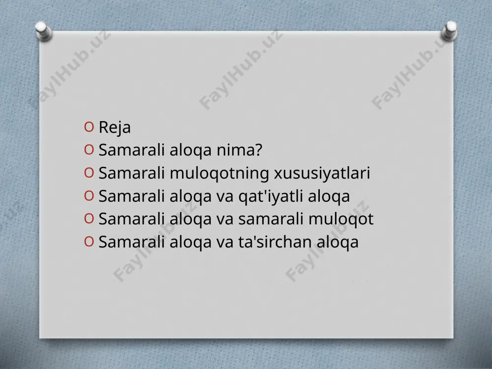 ldan foydalanishni anglatadi. samarali aloqa va samarali muloqot samarali aloqa uchun samarali aloqa zarur, bu xabarning natijasi bo'yicha sifat va qoniqish nuqtai nazaridan kutilgan maqsadlarga erishishni anglatadi. o'tkazilgan xabarning maqsadlariga erishish orqali aloqa samarali bo'lib, kutilgan yakuniy effektlarni bajaradi. samarali va samarali aloqa shartlari, bu holda, sinonim sifatida ishlatilishi mumkin. shuningdek qarang: samarali. samarali aloqa va ta'sirchan aloqa ta'sirchan muloqot hissiyotlarga ahamiyat beradigan muloqotni anglatadi. ta'sirchan muloqot samarali bo'lishi uchun har ikkala samarali muloqot strategiyasiga murojaat qilish kerak, masalan, individual farqlarni anglash, talabchan muloqot qilish usullari va hissiy aqldan foydalanish. image3.jpeg image4.png image5.jpeg image6.jpeg image7.png /docprops/thumbnail.jpeg