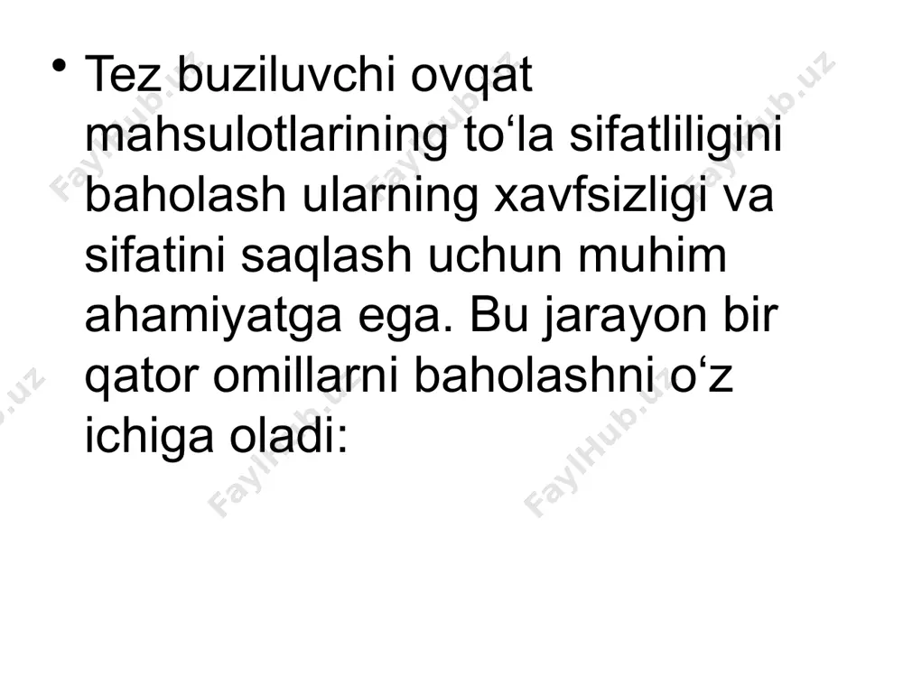t yomonlashayotganini bildiradi. • ph darajasi: tez buziluvchi mahsulotlarda ph darajasi buzilish jarayonini kuzatish uchun muhim. • oksidlanish darajasi: yog‘lar buzilganda achimsiq hid paydo bo‘ladi 3. mikrobiologik tahlil: bu usul mahsulotda mavjud bo‘lgan zararli mikroorganizmlar sonini aniqlashga yordam beradi. masalan, salmonella yoki e. coli bakteriyalari mavjudligi aniqlansa, mahsulot iste’mol uchun yaroqsiz hisoblanadi. saqlash sharoitlarini kuzatish: • harorat rejimi: muzlatkichda yoki muzlatgichda saqlash talab qilinadi. • namlik darajasi: masalan, meva va sabzavotlar quruq va ventilyatsiya qilingan joyda saqlanishi kerak. buzilish belgilari 1. rang o‘zgarishi: masalan, go‘shtning oqarib yoki to‘q jigarrangga aylanishi. 2. nordon yoki chirigan hid. 3. tuzilmaning yumshashi yoki deformatsiya. 4. qadoqning shishishi yoki shikastlanishi. mahsulotlarni saqlash uchun tavsiyalar 1. haroratga qat’iy rioya qilish (go‘sht uchun -18 °c, sut mahsulotlari uchun 0-4 °c). 2. mahsulotlarni bir-biridan ajratilgan holda saqlash (masalan, xom go‘shtni tayyor ovqatdan uzoqda saqlash). 3. mahsulotning yaroqlilik muddatini kuzatish va muddati o‘tganini iste’mol qilmaslik. 4. tashish jarayonida sovutish …
