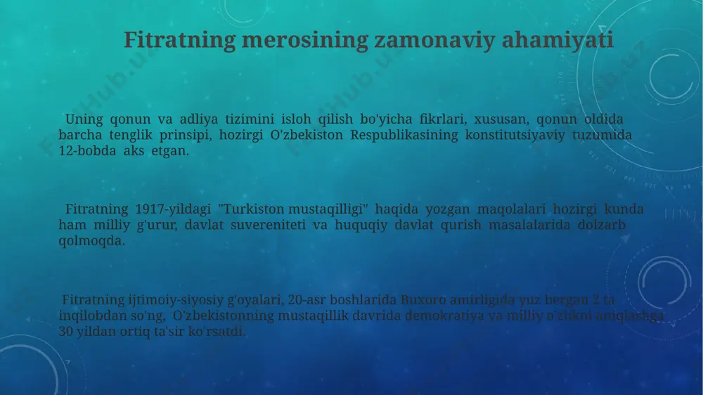 va islom o'rtasidagi munosabatlarni yoritib bergan. fitratning asosiy raqiblari va ularning g'oyalari toshkentda fitrat o'zining maqolalarida, 5 dan ortiq yozuvchilardan iborat guruh bilan, milliy madaniyatni rivojlantirish yo'llarini muhokama qilgan, ularning fikrlari esa ko'pincha fitratning g'oyalariga zid edi. fitratning asosiy raqiblari orasida buxoro va samarqanddagi konservativ din arboblari ham bor edi, ular 100 yildan ortiq davom etgan an'anaviy islom tushunchalarini himoya qilib, har qanday islohotlarga qarshi chiqishgan. fitrat 1920-yillarning o'zbekistoni da islomiy modernizm tarafdorlari bilan, jumladan, 2-3 ta mashhur islomiy ulamo bilan qizg'in bahslar olib borgan bo'lib, ularning asosiy g'oyasi an'anaviy islom ta'limotlariga qat'iy rioya qilish edi. ta'lim va tarbiya masalalarida fitratning qarashlari fitrat 1920-yillarda toshkentda ta'lim tizimini isloh qilish bo'yicha 3 ta asosiy yo'nalishni taklif qildi, jumladan, mahalliy tilning ahamiyatini ta'kidladi va zamonaviy fanlarni o'qitishni targ'ib qildi. fitratning "tarbiya" haqidagi fikrlari, 20-asr boshlarida turkistonning ijtimoiy-iqtisodiy sharoitlarini inobatga olgan holda, milliy ong va vatanparvarlikni tarbiyalashga alohida e'tibor qaratganligini ko'rsatadi. uning pedagogik …