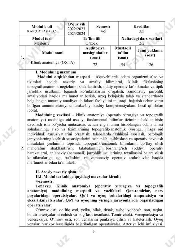 natomiyasi. yuzning yon bo‘limi topografik anatomiyasi. quloq oldi-chaynov, lunj va yonoq sohalari. yuzning chuqur sohasi, halqum atrofi va halqum orti bo‘shliqlari. yuzning oldingi bo‘limi: ko‘z, burun, og‘iz sohalari; ko‘z osti va engak sohalari. yuz-jag‘ sohasida bajariladigan og‘riqsizlantirish usullarining klinik-anatomik tamoyillari. yuz sohasi a’zolariga operativ ochib kirish usullari. yuz sohasidagi yiringli jarayonlarni ochish va drenajlash. yuqori jag‘ bo‘shlig‘ini punksiya qilish va ochish. 3-mavzu. bo‘yinning klinik anatomiyasi. bo‘yinning sohalarga bo‘linishi, uchburchaklari, fassiya va kletchatka bo‘shliqlari. bo‘yinning oldingi bo‘limi: tilosti usti va tilosti pastki sohalari. uyqu uchburchagi topografiyasi. uyqu va til arteriyalarini ochish va bog‘lash. arteriotomiya. karotid endarterektomiya. bo‘yin a’zolari klinik anatomiyasi: golotopiyasi, skeletotopiyasi, sintopiyasi, qon bilan ta’minlanishi va innervatsiyasi. bo‘yindagi nerv chigallar. bo‘yin a’zolariga operativ ochib kirish usullari. krikotomiya. traxeotomiya va traxeostomiya. subtotal subfassial strumektomiya. qizilo‘ngachning bo‘yin qismi xirurgiyasi. bo‘yinning yon va to‘sh-o‘mrov-so‘rg‘ichsimon sohalari topografik anatomiyasi. chuqur mushaklararo tirqishlar. narvon oldi va narvonaro oraliqlar. umurtqa-narvonsimon uchuburchagi, ko‘krak limfa yo‘lining bo‘yin qismi. bo‘yinning …