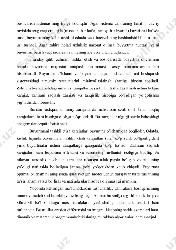 omenti zahiraning me’yori bilan aniqlanadi. shunday qilib, zahirani tashkil etish va boshqarishda buyurtma o’lchamini hamda buyurtma nuqtasini aniqlash muammosi asosiy muammolardan biri hisoblanadi. buyurtma o’lchami va buyurtma nuqtasi odatda zahirani boshqarish sistemasidagi umumiy xarajatlarini minimallashtirish shartiga binoan topiladi. zahirani boshqarishdagi umumiy xarajatlar buyurtmani tashkillashtirish uchun ketgan xarajat, zahirani saqlash xarajati va tanqislik hisobiga bo’ladigan yo’qotishlar yig’indisidan iboratdir. bundan tashqari, umumiy xarajatlarda mahsulotni sotib olish bilan boqliq xarajatlarni ham hisobga olishga to’qri keladi. bu xarajatlar ulgurji savdo bahosidagi chegirmalar orqali ifodalanadi. buyurtmani tashkil etish xarajatlari buyurtma o’lchamidan boqliqdir. odatda, kichik hajmda buyurtmalar tashkil etish xarajatlari (ular ko’p sonli bo’lganligidan) yirik buyurtmalar uchun xarajatlarga qaraganda ko’p bo’ladi. zahirani saqlash xarajatlari ham buyurtma o’lchami va resursning sarflanish tezligiga boqliq. va nihoyat, tanqislik hisobidan xarajatlar resursga talab paydo bo’lgan vaqtda uning yo’qligi natijasida bo’ladigan jarima yoki yo’qotishdan kelib chiqadi. buyurtma optimal o’lchamini aniqlashda qaralayotgan model uchun xarajatlar ba’zi turlarining ta’siri ahamiyatsiz bo’lishi va natijada …