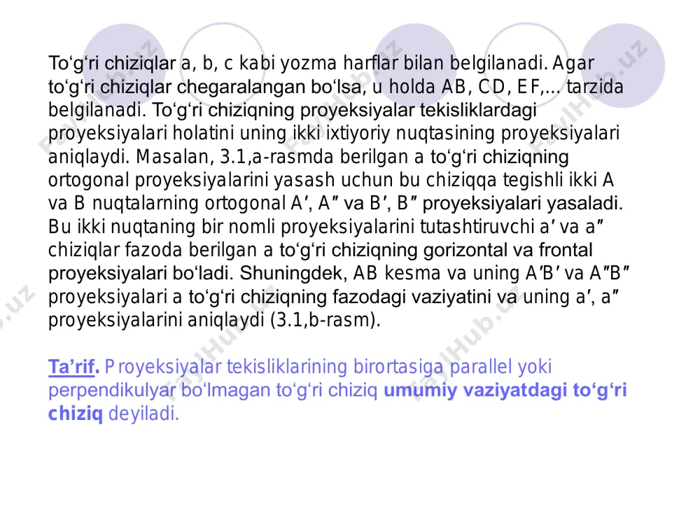 hkil etadi. bu burchaklar , ,  harflari bilan belgilanadi.  bu , ,  burchaklar ab kesmaning h, v, w proyeksiyalar tekisliklari bilan mos ravishda hosil qilgan burchaklaridir, ya’ni =ab^h, =ab^v, =ab^w.  umumiy vaziyatdagi to‘g‘ri chiziq kesmasi proyeksiyalar tekisliklariga qisqarib proyeksiyalanadi.uning haqiqiy uzunligini aniqlash keyingi paragraflarda ko‘riladi. a) b) c) 3.2-rasm  3.2. proyeksiya tekisliklari bilan bir xil burchak tashkil qilgan to‘g‘ri chiziqlar. agar biror to‘g‘ri chiziq fazoda h, v va w lar bilan bir xil burchak hosil qilib joylashgan bo‘lsa, uning ab kesmasining uchala proyeksiyalari o‘zaro teng, ya’ni ab^h=ab^v=ab^w bo‘lsa, a′b′=a″b″=a″′b″′ bo‘ladi. bunda a′b′=b″a″ teng yonli trapesiyadan 1b′=2b″=3a″′ va 1b′=3b″′, demak 3a″′=3b″′ bo‘lgani uchun ∠3a″b″=45º bo‘ladi. shu bilan birga a″′b″′∥a″b″ bo‘lib, δx=δy=δz bo‘ladi.  3.3. umumiy vaziyatdagi to‘g‘ri chiziq kesmasining haqiqiy uzunligini va proyeksiyalar tekisliklari bilan hosil qilgan burchaklarini aniqlash  umumiy vaziyatda joylashgan to‘g‘ri chiziq kesmasining proyeksiyalari orqali uning haqiqiy o‘lchamini aniqlash va proyeksiyalar tekisliklari bilan …