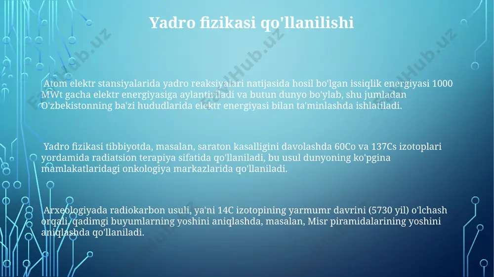 bu global xavfsizlikka tahdid soladi. yadro qurollarini ishlab chiqarishda 235u yoki 239pu kabi og'ir izotoplar ishlatiladi, ularning yadro parchalanishi zanjir reaksiyasini keltirib chiqaradi va ulkan energiya ajralib chiqishini ta'minlaydi. bu reaksiya manbai, masalan, xirosima va nagasakida foydalanilgan bomba kabi, halokatli kuchga ega. sovuq urush davrida aqsh va sssr o'rtasida yadro qurollari poygasi bo'lib o'tdi, natijada minglab yadro qurollari, shu jumladan, megatonli quvvatga ega bo'lganlar ham yaratildi. bularning portlashi butun dunyoga halokatli ta'sir ko'rsatishi mumkin edi. yadro kuchlari yadro kuchlari 2,5 fm masofadan kamroq masofalarda kuchli ta'sir ko'rsatadi va bu kuch proton va neytronlarni yadroda birlashtirib ushlab turish uchun yetarlidir, masalan, uran-235 yadrosida. yadro kuchlari qisqa masofali kuch bo'lib, 10⁻¹⁵ metrdan katta masofalarda deyarli nolga tenglashadi, shuning uchun masalan, toshkentdagi fizika institutida o'rganilgan bu kuchlar yadro reaktsiyalarini tushunish uchun juda muhimdir. yadro kuchlari ishtirok etgan nuklonlar soniga bog'liq bo'lib, og'ir yadrolarda (masalan, plutonium-239) kuch ta'siri eng kuchli bo'ladi, bu esa yadro …