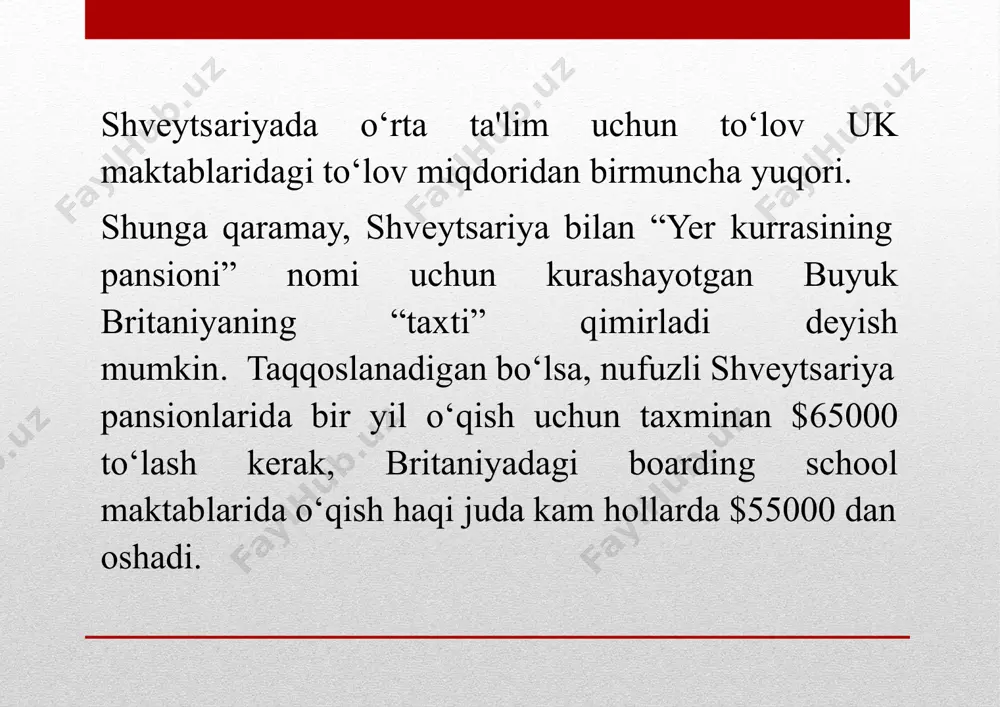 agogika institutlarinio‘z ichiga olgan. bu ro‘yxatga universitetlarni muvofiqlashtiruvchi va ta'lim sifatini nazorat qiluvchi swiss university conference (suc)-kantonlar va shveytsariya konfederatsiyasi birlashgan tashkiloti akkreditatsiyasini olgan barcha ta'lim muassasalari kiradi. xxasrning 90-yillari boshida o‘zlari va o‘z farzandlari uchun eng zo‘r narsalarga erishishga intilgan “yangi russlar” orasida shveytsariyada o‘qish juda nufuzli hisoblanar edi. eng muhimi-eng a'lo va eng qimmat bo‘lsin. doim tolerantligi bilan ajralib turgan shveytsariyaliklar “madaniy shok”ni boshdan kechirib, o‘quv muassasalariga talabalarni saralab olish talablarini oshirdilar. bugun holat o‘zgargan. endi shveytsariyaning eng nufuzli o‘quv muassasalari talabalari-bu faoliyat turidan qat'i nazar allaqachonyevropa standartlari va qadriyatlari tizimiga muvaffaqiyatli moslashgan kishilarning farzandlari va nabiralari. kanada davlati va uning rivojlangan ta’lim tizimi kanada (canada)-shimoliy amerika kontinentida joylashgan dunyoning eng yirik davlatlaridan biri. ushbu mamlakat atrof-muhitning ko`rinishlarini asl holicha saqlab qolgan va zamonaviy shaharsozlikning eng ilg`or yutuqlarini o`zida mujassam etgan yurtdir. davlat tuzumi: konstitutsion monarxiya. poytaxti: ottava shahri. buyuk britaniya qirolichasi elizaveta- ii kanada davlat rahbari sifatida …
