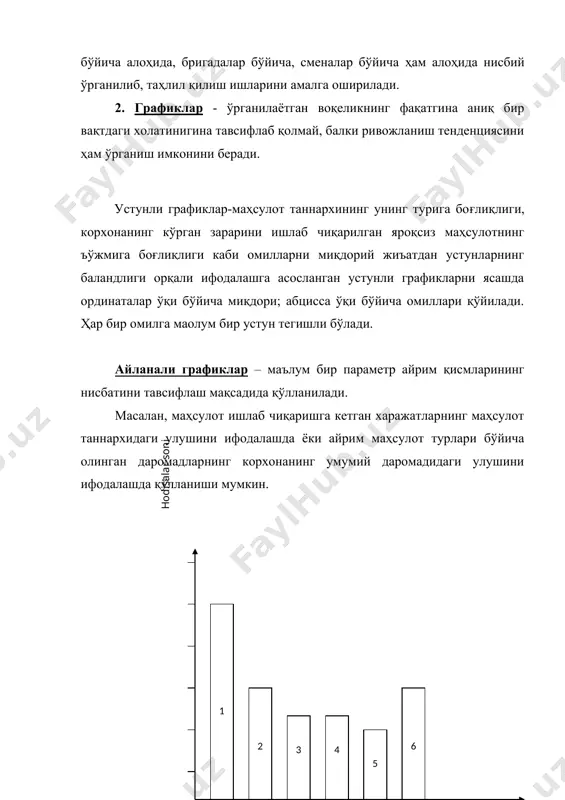 ш тавсия этилади. уларни кетма-кет таҳлил қилиб, оқибат натижада алоҳида парето диаграммасини тузиш мумкин. парето диаграммасини сабаб натижавий диаграмма билан бирга қўллаш мақсадга мувофиқдир. маҳсулот сифатининг паст бўлишидек жуда муъим масалани ъал этишда ъар бир конкрет дефект бўйича унинг моиятини аниқлаб олиш керак. бундай ҳолатларда имкони борича кўпроқ сондаги манфаатдор шахслар тўпланади ва маҳсулот сифацизлигининг асосий сабаби ўрганилади. натижада, биринчи навбатдаги эотиборни талаб қиладиган тўртта-бешта сабабларда тўхтатилади. корхонанинг мураккаб иқтисодий фаолиятида, унинг турли бўлинмаларида муаммолар келиб чиқиши мумкин. ушбу муаммоларни хал этишни парето диаграммасини тузишдан бошлаш мақсадга мувофиқдир. улар ёрдамида фирма фаолиятининг турли сохаларидаги муаммоларни тахлил қилиш мумкин. молиявий соъада: ъар бир маҳсулот тури бўйича маҳсулот таннархининг таҳлили; маҳсулот турлари бўйича фойданинг таҳлили; фойда фоизининг таҳлили ва бошқалар. маҳсулот сотиш соъасида: маҳсулот турлари бўйича истеъмол чилар талабининг ўзгаришининг таҳлили; маҳсулот турлари бўйича сотишдан келиб тушган тушумнинг таҳлили; айрим маҳсулот турлари бўйича қайтган маҳсулотларнинг таҳлили ва бошқалар. моддий-техникавий таоминот соъасида: хом …