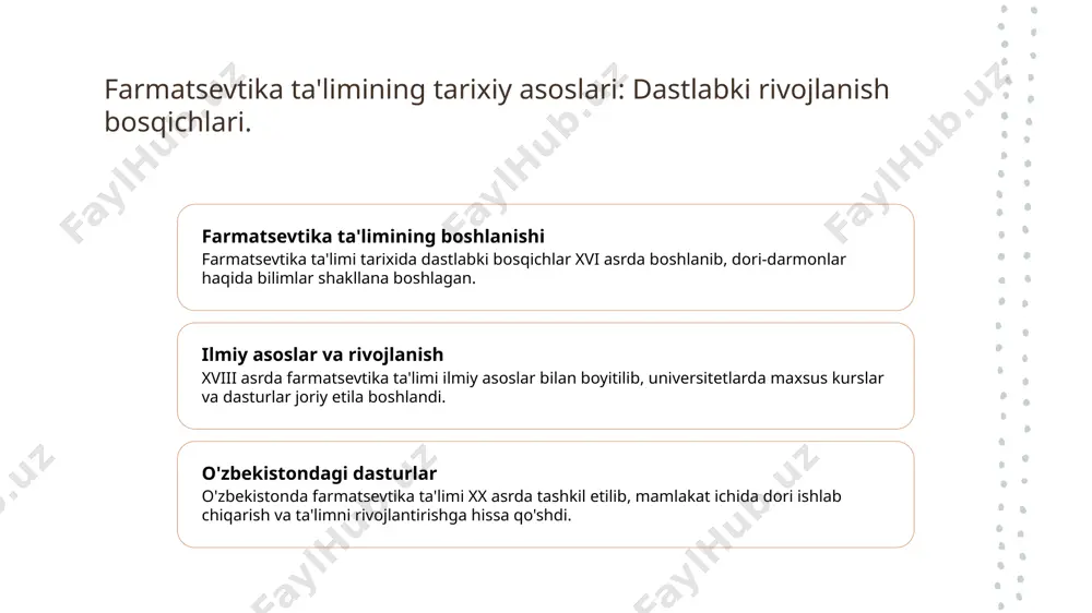 hlili, talabalarga o'zlarining o'qish jarayonlarini yaxshilash va shaxsiylashtirilgan ta'lim olish imkoniyatini yaratadi. farmatsevtika ta'limida raqamli texnologiyalarning roli va ahamiyati. 1 raqamli o'qitish - raqamli o'qitish usullari farmatsevtika ta'limida interaktivlikni oshiradi, talabalarga materialni osonroq tushunish imkoniyatini beradi. 2 online platformalar - online o'quv platformalar, masalan, moodle va coursera, talabalar uchun bilim olish jarayonini yanada qulay va samarali qiladi, vaqt va joydan qat'iy nazar. 3 simulyatsiya texnologiyalari - simulyatsiya texnologiyalari talabalarga real hayotdagi vaziyatlarni tajriba qilish imkonini beradi, bu esa nazariy bilimlarni amaliy ko'nikmalarga aylantiradi. 4 ma'lumotlar tahlili - raqamli texnologiyalar yordamida talabalarning o'quv jarayonidagi muvaffaqiyatlari va qiyinchiliklari tahlil qilinadi, bu esa ta'lim sifatini oshirishga yordam beradi. pedagogik innovatsiyalar: o'quv jarayonini qanday zamonaviylashtirish mumkin? innovatsion metodlar pedagogik innovatsiyalar o'quv jarayonida interaktiv va loyiha asosidagi o'qitish metodlarini qo'llash orqali talabalarning faol ishtirokini oshiradi. raqamli resurslar zamonaviy texnologiyalar yordamida onlayn platformalar va multimedia materiallaridan foydalanish, ta'lim jarayonini yanada qiziqarli va samarali qiladi. o'qituvchilar tayyorgarligi …
