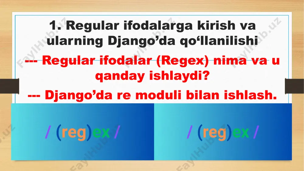 ladi. bunda ulardan biri uchrasa yetarli bo’ladi. masalan [hc]ello – hello va cello so’zlarini topadi. jello, ello so’zlari mos kelmaydi. negated character groups character groups bilan bir xil va ^ – negativ (inkor qiluvchi) belgi qo’shiladi. bunda to’rtburchak qavs ichida berilgan belgilar yo’q bo’lsa regex mos keladi. masalan, [^hc]ello uchun hello va cello so’zlari topilmaydi, jello so’zi mos keladi. multiple range item matches agar berilgan range ichidan faqat bitta belgini topish kerak bo’lsa ^ va $ belgilaridan foydalaniladi. /^[a-z]$/.test('a') // true /^[a-z]$/.test('ab') // false /^[a-z]$/.test('ab') // false /^[a-z-0-9]$/.test('1') // true /^[a-z-0-9]$/.test('a1') // false meta-characters \d: istalgan raqam uchun, [0-9] bilan teng. \d: istalgan raqam bo’lmagan belgi uchun, [^0-9] bilan teng. \w: istalgan alphanumeric belgi va «_» (underscore) uchun, [a-za-z_0-9] bilan teng. \w: istalgan alphanumeric belgi va «_» (underscore) bo’lmagan holat uchun, [^a-za-z_0-9] bilan teng. \s: probel (whitespace) belgilar uchun: space, tab, yangi qator va unicode space. \s: whitespace bo’lmagan belgilar …