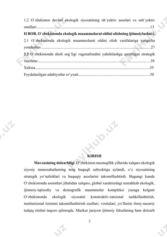ozo qilmoqda. mazkur jarayon ijtimoiy falsafaning ham dolzarb muammosi hisoblanib, bu esa uning mahalliy, milliy, hududiy, mintaqaviy va global darajalarda o‘zaro bog‘liqligini chuqur ilmiy tahlil qilishni talab etmoqda. o‘zbekistonda orol dengizi muammolari bo‘yicha davlat dasturi (1994), vazirlar mahkamasining “orolbo‘yi genofondini muhofaza qilish xayriya jamg‘armasini tuzish haqida”gi qarori (2004), 2015-2018 yillarda orolbo‘yi hududining ijtimoiy-iqtisodiy rivojlantirish kompleks dasturi (2015), “2017-2021 yillarda o‘zbekiston respublikasini yanada rivojlantirishning beshta ustuvor yo‘nalishi bo‘yicha “harakatlar strategiyasi” beshinchi yo‘nalishida aks ettirilgan “atrof-tabiiy muhit, aholi sog‘lig‘i va genofondiga putur yetkazuvchi ekologik muammolarning oldini olish”, o‘zbekiston respublikasi innovatsion rivojlanish vazirligining (pf-5264-son, 29.11.2017) asosiy faoliyat yo‘nalishlari b, g, d bandlarida ko‘rsatilgan hamda mazkur faoliyatlarga tegishli boshqa meyoriy-huquqiy hujjatlarda ekologik muammolarning oldini olish vazifalari amalga oshirilmoqda. o‘zbekiston respublikasi prezidenti shavkat mirziyoyev:“markaziy osiyoda xavfsizlik va barqarorlikni ta’minlash bilan bog‘liq muammolar to‘g‘risida so‘z yuritar ekanmiz, mintaqa ekologiyasi va umumiy suv zaxiralaridan oqilona foydalanish kabi muhim masalani chetlab o‘tolmaymiz”[footnoteref:1], degan edi. bunday sharoitda, mamlakatimizda tobora …
