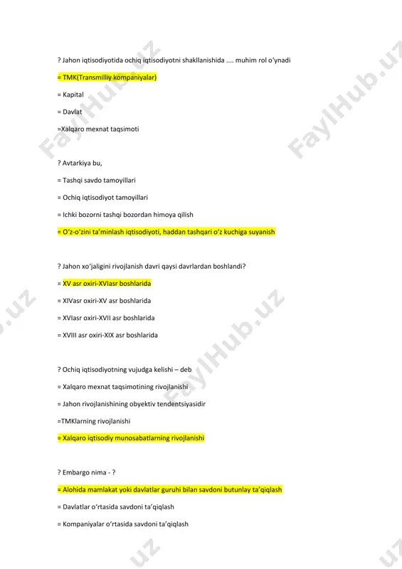 ir mamlakat tovarlarini sotib olish; ? xalqaro iqtisodiy munosabatlar qay shaklda bo‘la olmaydi? = aholini ijtimoiy tashkilotlar ishida ishtirok etish. ф highlight ф highlight ф highlight ф highlight ф highlight = fan-texnika bo‘yicha hamkorlik qilish; = ishchi kuchi migratsiyasi; = valyuta-kredit munosabatlari; ? “yangi industrial” mamlakatlar iqtisodiyotining rivojlanish sabablari = og‘ir sanoatni rivojlanishi = harbiy sanoatni rivojlanishi = ilmiy texnika taraqqiyoti va boshqaruvning zamonaviy usuli = qishloq xo‘jaligining tez rivojlanishi ? infratuzilma bu – = yo‘llar, aloqa, transport, maorif, sog‘liqni saqlash = tovar ishlab chiqarish shartlarini ta’minlovchi ishlab chiqarish va noishlab chiqarish tarmoqlari kompleksi: yo‘llar, aloqa, transport, maorif, sog‘liqni saqlash = ishlab chiqarish va noishlab chiqarish tarmoqlari kompleksi =tovar ishlab chiqarish shartlarini ta‘minlovchi ? bojxona boji turlari: bojga tortish ob’ektiga usuliga ko‘ra = import, eksport, tranzit = maxsus, advalor, aralash = doimiy, o‘zgaruvchan = mavsumiy, dempingga qarshi, kompensatsiyalovchi ? preferentsiya bu - ? = ayrim soha va tarmoqlar, korxona va …