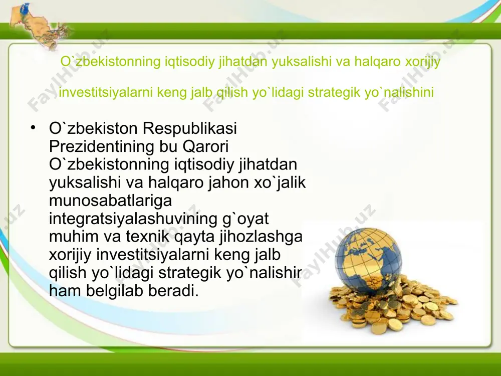 moliyaviy moddiy va aqliy boyliklarni qayta taksimlashning vertikal va gorizontal usullaridan bir xilda foydalanishni ta`minlab beradi. iqtisodiy kategoriya sifatida investitsiya quyidagicha tasniflanadi: birlamchi (avaylangan) jamg`arilgan kapitalni ko`paytirish maqsadida kapitalni tadbirkorlik ob`ektlariga joylashtirish; investitsion loyihalarni amalga oshirish jarayonida investitsiya faoliyati ishtirokchilari o`rtasida vujudga keladigan iqtisodiy munosabatlardir. xorijiy mamlakatlarning tajribasi va investitsiya to`g`risida o`zimizda qabul qilingan qonunlarning tahlilidan kelib chiqib, investitsiyaning shartli ravishda uchta turini ajratish mumkin: moliyaviy investitsiyalar; moddiy investitsiyalar; aqliy (intellektual) investitsiyalar. bozor iqtisodiyoti sharoitida shar bir investitsiya turining o`ziga xos o`rni bo`ladi. moliyaviy investitsiyalar tarkibiga mashalliy va xorijiy mamlakatlarning pul birliklari, banklardagi omonatlar, depozit sertifikatlar, aktsiyalar, obligatsiyalar, veksel’’lar va boshqa qimmatli qog`ozlar shunga tenglashtirilgan boyliklar kiradi. moddiy investitsiyalar tarkibiga asosiy fondlar, ya`ni binolar, asbob-uskunalar, inshootlar, kommunikatsiyalar va boshqa turdagi asosiy ishlab chiqarish fondlarining aktiv va passiv qismlari kiradi. aqliy (intellektual) investitsiyalar miqdori juda rang-barangdir, ya`ni ular mulkiy shuquqlar shaklidagi investitsiyalar aqliy meshnatga oid shakldagi investitsiyalar va tabiiy resurslardan foydalanish …