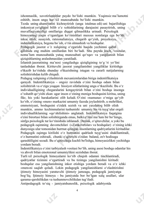 ni psixik mustahkamligi deb ko‘rsatiladi. boshqa tarafdan, qadriyatlar tizimining harakatchanligi, o'zgaruvchanligi qabul qilingan qonunlarning qadrsizlanishida, har xil xatolarga yo'l qo‘yishda aks etadi. insonning tashqi va ichki muhitidan chiquvchi ma’lumotlarning hammasi qadriyatlar va to'siqlar tizimi tomonidan kuzatiladi. psixologiyada psixologik to'siqlar odamga ma’lum bir harakatni muvaffaqiyatli bajarishga xalaqit qiluvchi ichki to'siqlar (istamaslik, qo‘rquv, o'ziga ishonmaslik va hakozo) deb tushuniladi. psixologik qarshiliklar yig'indisini himoyalanish uchun ishlatib, tashqi muhitning turli xil akslarini yaratamiz. har bir odam tashqi axborotlar yig‘indisidan uning ruhiy hayoti bilan hech qanday qarshi chiquvchilarni kiritmay, o‘zgartiriladigan ma’lumotni tanlaydi. lekin dunyo haqidagi bu tasavurning saqlanishi anchagina fikrlash ijodiy jarayoniga to‘siq bo‘la oladi. shuning uchun kirib keluvchi yangi ma’lumotlarni buzuvchi himoyalashning ta’siridan ishonchni ozod qilish degan masala kelib chiqadi. qadimdan yangi va noma’lum hodisalar odamlarda xavotir hamda qo'rquv tug‘dirgan. demak, salbiy jinslarning paydo bo‘lishi bilan individual va jamlangan onglarning streotip bo‘lishini hayot tarzi, insonparvarning qiziqishi va odatlariga qarashli bo'lgan innovatsiyalar, ularda ko‘ngilsiz taassurotlarni …