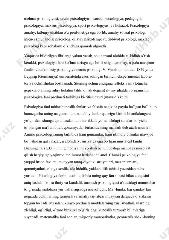 tlari, mexanizmlari, qonuniyatlari, o`ziga xoslik, alo-hidalik, yakkahollik tabiati yuzasidan bahs yuritadi. psixologiya fanini taxdil qilishda uning qay fan sohasi bilan aloqasini aniq-lashdan ko`ra ilmiy va kundalik turmush psixologiyasi o`rtasidagi munosabat to`g`risida mulohaza yuritish maqsadga muvofiqdir. ma`-lumki, har qanday fan negizida odamlarning turmush va amaliy taj-ribasi muayyan darajada o`z aksini topgan bo`ladi. masalan, kimyo predmeti moddalarning xususiyatlari, ularning zichligi, og`irligi, o`zaro birikuvi to`g`risidagi kundalik turmush bilimlariga suyanadi, matematika fani sonlar, miqsoriy munosabatlar, geometrik shakl-larning xossalari, trigonometrik funksiyalar haqidagi inson tasavvurlari asosiga quriladi. lekin psixologiya yuzasidan ana shun-day mulohazalar yuritish yoki bildirish mumkin emas, chunki, uning zamirida tubdan boshqacha o`ziga xoslik yotadi. har qaysi shaxs kunda-lik turmushning o`ziga xos psixologik bilimlarini egallagan bo`lib, o`z saviyasi, salohiyati bilan turlicha kamolot ko`rsatkichiga egadir, hatto turmush tajribasida to`plangan bilimlar ilmiy psixologik bilimlardan ustunroq turishi ham mumkin (qari bilganni — pari bilmas). chunki yirik yozuvchilar (shaxslararo munosabat va muomala, muloqot xususiyatlari yuzasidan kuzatuvchanlikka egadirlar), vrach-lar, o`qituvchilar, …