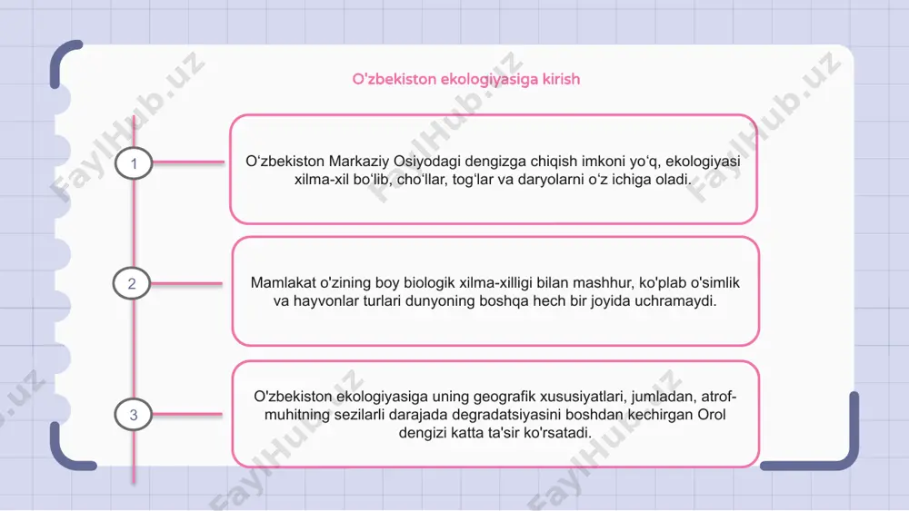 hududlarni yaratish, barqaror dehqonchilik amaliyotini joriy etish va ekologik ta'limni rivojlantirishni o'z ichiga oladi. o‘zbekistonda suv resurslari va ularni boshqarish markaziy osiyodagi dengizga chiqish imkoni yoʻq oʻzbekiston suv resurslariga boy, uning hududidan amudaryo va sirdaryo oqib oʻtadi. o'zbekistonda suv resurslarini boshqarish juda muhim masala, chunki mamlakat suv ta'minotining cheklanganligi, qishloq xo'jaligi uchun suvga bo'lgan talabning ortishi va iqlim o'zgarishi kabi muammolarga duch kelmoqda. bu vazifalarni hal qilish uchun o‘zbekistonda suv xo‘jaligining turli strategiyalari, jumladan, suv omborlari qurish, suvni tejovchi texnologiyalarni joriy etish, samarali sug‘orish tizimlarini joriy etish kabilar amalga oshirildi. 1 2 3 iqlim o'zgarishi va uning o'zbekiston ekologiyasiga ta'siri oʻzbekiston iqlimi yozi issiq va qishi sovuq, harorat va yogʻingarchilikning sezilarli oʻzgarishi bilan ajralib turadi. iqlim oʻzgarishi oʻzbekiston ekologiyasiga turli xil taʼsir koʻrsatishi, jumladan turlarning tarqalishi, yashash muhitining yoʻqolishi va ekotizim faoliyatining oʻzgarishi kutilmoqda. bu taʼsirlar biologik xilma-xillik va mamlakat ekotizimlarining barqarorligi hamda aholining turmush tarziga jiddiy taʼsir koʻrsatishi mumkin. …