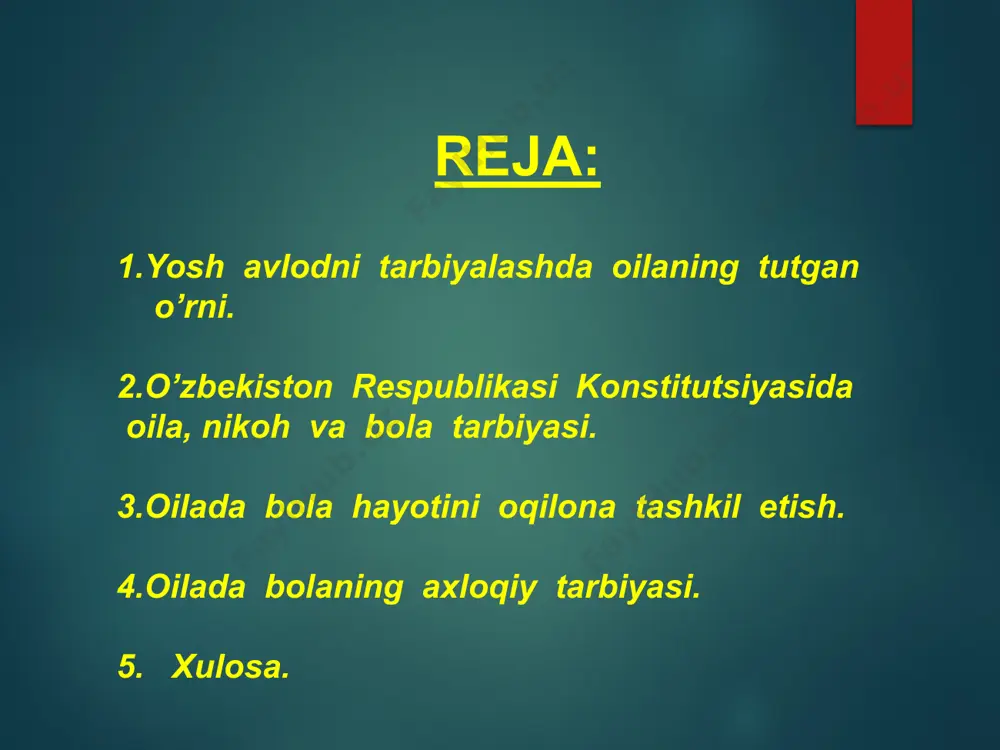 mga yaxshi baho, yomon odamga yomon baho beriladi. zero ota-onaning mehr-muhabati,chinakam hurmati bolalarda eng go`zal axloqiy tuyg`ularni, ayniqsa qadryatni his qilishda yordam beradi. bu esa unda kattalar orasida ham kamyop bo`lib qolgan insoniylik sifatlardan hisoblanadi. bolaning kelajakda qanday inson bo`lib yetishishi ko`proq ota-onasi va o`z oilasiga hamda unda tarkib topgan muhitga bog`liq.’’bola ota-onasidan qayerga ortib boradi” degan gap ayni haqiqat. demak, farzandlar ota-onalarini davomchilaridir. yusuf xos xojib “oiladagi” eng ulug` fazilat ezgu qiliq va go`zal hulqdir. ikkinchisi rostlik, uchinchisi hayot hisoblanadi. mana shu uch fazilat birlashsa kishi baxtiyor bo`ladi, qut iqbol uning huzuriga bosh urib keladi.chunki kishining hulqi go`zal bo`lsa uni barcha xalq sevadi.”xulqi yuz bo`lgan kishiga to`rdan joy tegadi” - degan edi. oilada bola tarbiyasi xususida gapirilganda yuqorida eslatib o`tganimizdek, uning asosiy manbasi muhabbat, ishonch, o`zaro hurmatni tashkil qiladi. xech kimga sir emaski oilaning ko`rki ham totuvligi ham bekamu ko`stligi ham farzandlarning qobilu mo`minligi ham asosan ana shu allomamizning …