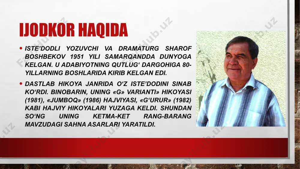 said ahmad akaga «temir xotin»ni hikoya qilib berganimda, «yaxshi, endi qahramoning shu robotga uylanishini asoslab bersang, bundan boshqa zo‘r asar bo‘lmaydi. keyin boshqa asar yozmasang ham bo‘ladi», degandilar. muhimi hayotiylik emas, tabiiylikdir. asar hazil-mutoyiba yo‘lida yozilgan. bu — komediya. «temir xotinnning tug‘ilishi haqida… ta’sir «politsiyachi robot» filmi bo‘lardi. mana shu film ta’sirida qiziq syujet o‘ylab topdim. bu uyga kelguncha miyamda aylanib yurdi. bolalikdagi voqealar, onam, opalarimning mashaqqatli hayoti, og‘ir turmush yodimdan hech chiqmaydi. esimda, onam kolxozda ishlagan paytlar qahri qattiq raisning egardan tushmay qamchi bilan savalagani hamon ko‘z o‘ngimda. mana shularning barini umumlashtirib «temir xotin»ga singdirib yubordim. image3.jpg image4.jpg image5.jpg image6.jpg image7.png image8.jpg image9.jpg