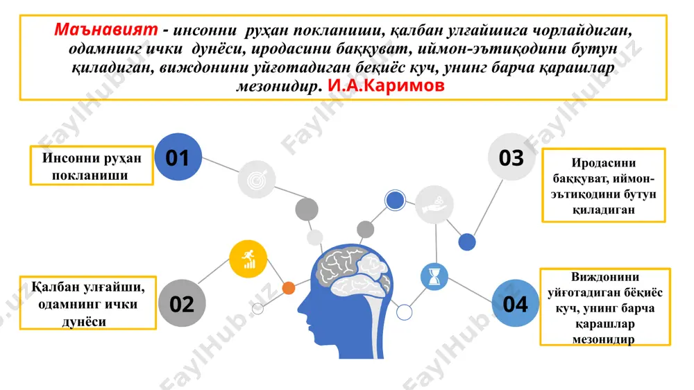 илар онгида акс этишидир. ахлоқий, ижтимоий-ғоявий иқтисодий, ҳуқуқий эстетик ва экологик баҳс-мунозара, дебатлар кўрик танловлар турли соҳадаги машғурлар ҳаёти ва ижоди мавзусидаги суҳбатлар ахлоқий онг, ахлоқий фаолият кўникмалари ҳамда ахлоқий маданият таълим-тарбия жараёнида қуйидаги шакилда амалга оширилади. ғоя – ижтимоий характерга эга бўлган, ўз даври муаммо ва эхтиёжларини акс эттирадиган, инсон руҳиятига кучли таъсир кўрсатадиган тафаккур маҳсулидир. ғоя бунёдкор вайронкор мафкура о н г ғоя мафкура бу - ғояни инсон онгига етказадиган ва сингдирадиган механизмдир. мафкура механизм сифатида қуйидаги таркибий қисмлардан иборат мафкура 2 мафкуравий муассасалар ва мафкурачи шахслар 3 усуллар ва воситалар 1 ғоялар йиғиндиси (назарий қисм) ўқитувчи устоз тарбиячи педагог яна биз киммиз ? зиёли муаллим мураббий биз мафкурачимиз ! 10 бугунги кунда ўзбекистон республикасида 36 миллионга яқин аҳоли мавжуд. бу дегани 36 миллионга яқин онг бор деганидир. мазкур 36 миллион онгнинг 65 % ни ёшлар ташкил этади. ҳозирги кунда мафкурачи сифатида мазкур 65 % ёшлар онгини ғоявий …