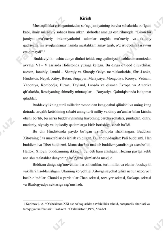 izmning ikkinchi uyi deb ham atashgan. hozirgi paytga kelib ana shu maktablar dunyoning ko’pgina qismlarida mavjud. biddizm diniga sig’inuvchilar har xil tanlilar, turli millat va elatlar, boshqa til vakillari hisoblanishgan. ularning ko’pchligi xitoyga sayohat qilish uchun uzoq yo’l bosib o’tadilar. chunki u yerda ular chan sektasi, toza yer sektasi, saskapa sektasi va bkabrgyudpa sektasiga sig’inishadi. xitoyda buddizm paydo bo’lganligiga ham mana 2000 yildan oshdi. buddizm tarafdorlari buddizmni boyitishga jiddiy qaraganlar. ular sanskrit yozuvidagi ko’p asarlarni tarjima qilishdi va “tripitaka” katta asarni yig’ishga muvaffaq bo’lishdi. bundan tashqari ular buddizmning madaniy yodgorliklari ya’ni g’or, haykal, cherkovlarni yaratishgan. shuncha qiyinchiliklarga qaramay, buddizm hozirgi vaqtgacha yashab kelmoqda. buddaviylikning turli millatlar tomonidan keng qabul qilinishi va uning keng doirada tarqalib ketishining sababi uning turli milliy va diniy an’analar bilan kirisha olishi bo’lib, bu narsa buddaviylikning hayotning barcha sohalari, jumladan, diniy, madaniy, siyosiy va iqtisodiy qatlamlarga kirib borishiga sabab bo’ldi. i. bob xitoyda buddizmning paydo bo’lishi …
