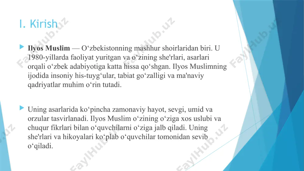 lim oʻzining “miqti keldi” (1933) poyemasi bilan 30 yillar oʻzbek bolalar dostonchiligini boshlab berdi. dostonda erkin, tinch va osuda hayotni bunyod etish uchun kurash miqti va boshqa obrazlar misolida ochib beriladi. 1947 yilda harbiy xizmatdan boʻshagan ilyos muslim nashriyotga qaytib, ijodiy ishga beriladi. uning “turnalar”, “bizning maktab”, “sening sovgʻang”, “tilla qoʻngʻiz”, “ishchan asalarilar”, “oylar aytishuvi”, “oyxon va rayhon”, “koʻrik”, “birinchi sovgʻa” kabi kitoblari hozirgi oʻzbek bolalar adabiyotining rivojlanishiga barakali hissa boʻlib qoʻshiladi. bu toʻplamlar yosh kitobxonlarning aqliy, axloqiy, estetik tarbiyasida yetakchi oʻrin egallaydi. ilyos muslim “sening sovgʻang” nomli sheʼrida oʻz hunari bilan hammaning diqqatini tortgan chevar qizning lirik obrazini yaratadi. shoir bu obrazida hammani oʻziga jalb qilgan jajji qizning fazilatini koʻrdi va uni gavdalantirdi. chevar qizdagi eng yaxshi fazilatlardan biri uning mehnatga mehr bilan berilishidir. buni shoir turli istioralar yordamida ifodalaydi: chaqnab turgan quvnoq koʻzingni qoʻlingdagi ishdan olmaysan, ishni har kun olib yoningga, zehn qoʻyib kashta tikasan. ilyos muslim jismoniy …
