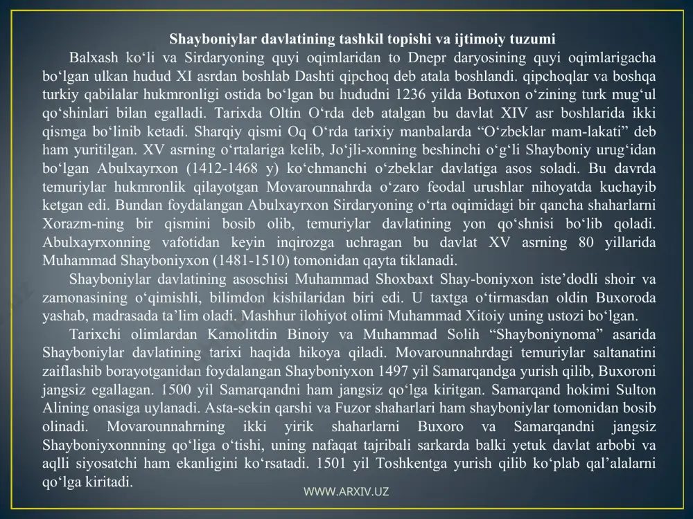 din peshvolari, shayxlar, xojalar. ular nafaqat diniy balki dunyoviy boshqaruvda ham faol ishtirok etganlar. 4. fuzalo. jamiyat madaniy-ma’naviy hayotini aks ettirgan ijtimoiy tabaqa olimlar, shoirlar va boshqalar. 5. raiyat. jamiyatda asosiy ishlab chiqaruvchi, moddiy boylik yaratuvchi, xazinaga soliq to‘lovchi ijtimoiy tabaqa bo‘lib, ularga do‘kondorlar, hunarmandlar, o‘rtahol dehqonlar va chorvadorlar, yollanib ishlaydigan aholi kirgan. 6. qullar. qullar asosan harbiy talonchilik yurishlari paytida asirga tushirilgan, o‘lja qilib olingan kishilar tashkil etgan. ma’lum haq evaziga ular ozod bo‘lishi mumkin bo‘lgan. qullar mehnatidan saroyda, yirik amaldorlar va ulamolarni xo‘jaliklarida foydalanishgan. www.arxiv.uz www.arxiv.uz xonlik iqtisodining asosiy tarmoqlari qishloq xo‘jaligi (dehqonchilik va chorvachilik) savdo-sotiq va hunarmandchilik hisob-langan. shayboniylar davrida yer egaligining asosiy tarmoqlari mavjud edi. mulki sultoni – davlatga qarashli yerlar. mulki xolis- xususiy shaxslarga tegishli. vaqf – diniy mahkamalarga, madrasa va masjidlarga tegish-li, qabristonlarga qarashli yerlar. qishloq jamoalari egalik qiladigan yerlar. mehnat qiladigan kishilarning asosiy qismi kambag‘al qishloq aholisi bo‘lib, ular ijaraga olingan yerda dehqonchilik …