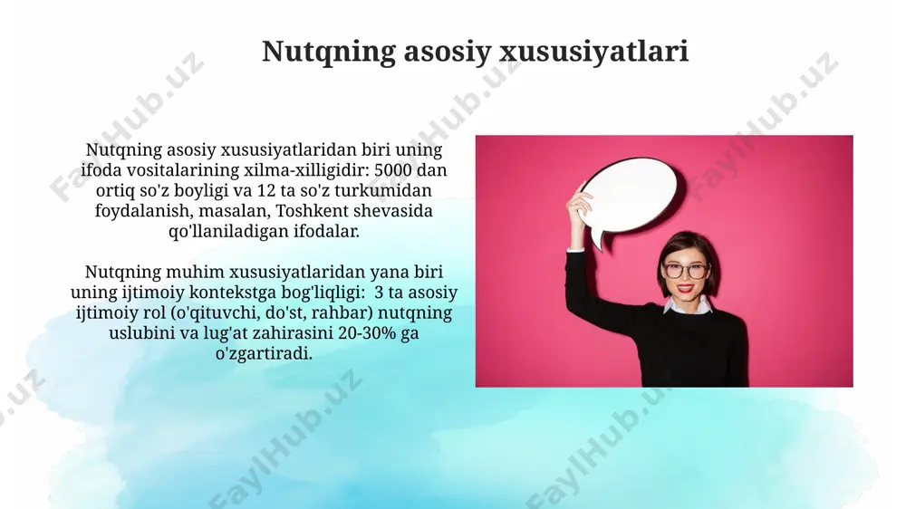 20 dan ortiq turli shakllari mavjud bo‘lib, ularning har biri ma'lum bir kontekst va ijtimoiy vaziyatga mos keladi, masalan, rasmiy va norasmiy nutq. toshkentdagi lingvistik tadqiqotlar shuni ko‘rsatadiki, nutqning rivojlanishiga 5 yoshgacha bo‘lgan bolaning atrof-muhit bilan o‘zaro ta'siri va tilga bo‘lgan ta'siri katta ta'sir ko‘rsatadi. nutq madaniyati nutq madaniyati bo'yicha 200 dan ortiq ilmiy maqola o'zbekiston milliy universiteti kutubxonasida saqlanadi, bu sohada 50 yildan ortiq tadqiqotlar olib borilganligini ko'rsatadi. to'rtta asosiy nutq uslubi – rasmiy, norasmiy, ilmiy va badiiy – "nutq madaniyati" darsliklarida samarqand davlat universiteti o'qituvchilari tomonidan batafsil tahlil qilingan. e'tiboringiz uchun rahmat @taqdimot_robot image2.jpg image3.jpg image4.jpg image5.jpg image6.jpg image7.jpg image8.jpg image9.jpg image10.jpg image11.jpg image12.jpg image13.jpg image1.png