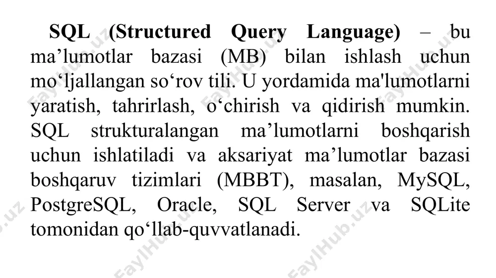 age) – ma’lumotlarni boshqarish insert – jadvalga yangi ma’lumot qo‘shish insert into talabalar (id, ism, yosh) values (1, 'ali', 22); update – ma’lumotlarni o‘zgartirish update talabalar set yosh = 23 where id = 1; delete – ma’lumotlarni o‘chirish delete from talabalar where id = 1; c) dql (data query language) – ma’lumotlarni so‘rash select – ma’lumotlarni tanlash select * from talabalar; where – ma’lum shart bo‘yicha tanlash select * from talabalar where yosh > 20; order by – saralash select * from talabalar order by yosh desc; d) dcl (data control language) – huquqlarni boshqarish grant – ruxsat berish grant select on talabalar to user1; revoke – ruxsatni bekor qilish revoke select on talabalar from user1; e) tcl (transaction control language) – tranzaksiyalarni boshqarish commit – o‘zgarishlarni saqlash commit; rollback – o‘zgarishlarni bekor qilish rollback; savepoint – qayta tiklash nuqtasini yaratish savepoint point1; sqlning muhim xususiyatlari deklarativ til – sql …