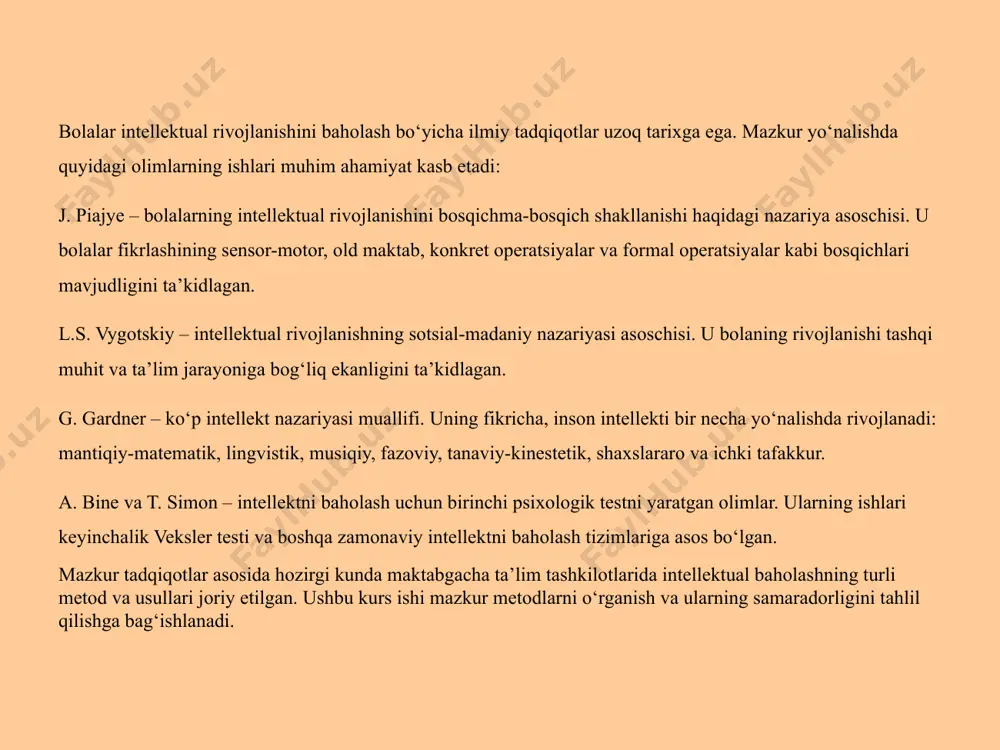 ida quyidagilar aniqlanishi kutilmoqda: maktabgacha yoshdagi bolalarda intellektual rivojlanishning asosiy omillari va bosqichlari aniqlanadi. bolalar intellektini baholash bo‘yicha an’anaviy va zamonaviy metod va usullar tahlil qilinadi. intellekt tushunchasi va uning rivojlanish bosqichlari. maktabgacha yosh davri bolaning intellektual rivojlanishida eng muhim bosqich hisoblanadi. aynan shu davrda bolaning bilish qobiliyatlari, tafakkuri, mantiqiy fikrlashi, diqqat va xotirasi shakllanadi. ushbu jarayonni to‘g‘ri yo‘naltirish uchun pedagoglar va ota-onalar bolaning intellektual rivojlanish bosqichlarini, unga ta’sir etuvchi omillarni va baholash metodlarini yaxshi bilishlari kerak. bu bobda maktabgacha yoshdagi bolalarda intellekt tushunchasi, uning rivojlanish bosqichlari va unga ta’sir etuvchi omillar ilmiy nazariyalar asosida yoritiladi. intellekt tushunchasi va uning rivojlanish bosqichlari. intellekt tushunchasi insonning aqliy faoliyatini, muammolarni hal qilish, bilimlarni o‘zlashtirish va mantiqiy fikrlash qobiliyatini ifodalaydi. maktabgacha yoshdagi bolalarda intellekt asosan quyidagi jihatlarda namoyon bo‘ladi: nutq va mantiqiy fikrlash – bola fikrlarini bog‘liq holda ifodalashga harakat qiladi. muammoni hal qilish qobiliyati – oddiy topshiriqlarni bajarish orqali mustaqil yechim topadi. …