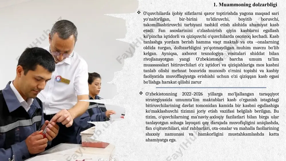 sblarni tahlil qilish, c)professional sinovlar (o‘zini kasblarda sinab ko‘rish). o‘z-o‘zini tahlil qilish – o‘quvchilar o‘z xarakterini, intellektual qobiliyatini, mahoratini, jismoniy kuchini aniqlash imkonini beradi. mazkur tahlil, (pedagog, psixolog, ota-onalar) kuzatuvi, o‘rganishi va ularning baholari natijasida o‘quvchi o‘ziga bergan baholarini hisobga olgan holda o‘z vaqtida to‘g‘ri yo‘nalishda ish olib borishlariga sabab bo‘ladi. kasblarning tahlili – turli kasblarning xususiyatlarini va kadrlarga qo‘yiladigan talablarni ochib beradi. kasbiy sinovlar – o‘quvchilarga mazkur kasbda tajriba orttirish hamda qobiliyati va ko‘nikmalarini uning tabiatiga mosligini aniqlash imkonini beradi. maktab o‘quvchilari bir yilda 16 marta, uch yil davomida 48 marta o‘z bilim va ko‘nikmalarini sinab ko‘rish imkoniyatiga ega bo‘ladilar. “f-test” dasturida – o‘z-o‘zini kasbiy sinovlar va ular tomonidan qo‘lga kiritilgan professional tajribalari qayd etilib boriladi. o‘z-o‘zini kasbiy sinovlar natijasida o‘quvchilar, tanlagan kasb bo‘yicha tayyorgarligi hamda mazkur kasb, kadrga qo‘yadigan talablari bilan tanishganlik va bilim, ko‘nikmalarga egalik darajasini hisobga olgan holda o‘zining individual xususiyatlarini, manfaatlari va intilishlariga solishtirish imkonini …