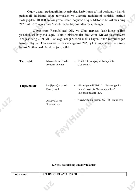 ish, ilg’or pedagogik tajribani o’rganish va uni o’z faoliyatiga tatbiq etish; -pedagogik vaziyatlarni taxlil qilish, bola shaxsiga pedagogik ta’sir ko’rsatish usulini belgilash; -bolalarni yosh xususiyatlari va bilimidan, jamoachilik xususiyatlaridan kelib chiqqan holda shaxs va jamoani rivojlantirishni rejalash; -bolalar bilan yakkama – yakka, kichik guruhlar va butun jamoa, ota – onalar, o’qituvchilar bilan pedagogik maqsadga qaratilgan o’zaro aloqani o’rnatish; -tarbiyaviy ishlarning eng samarali shakl va uslublaridan foydalanish; -o’qitishning texnik vositalaridan, ko’rgazmali qurollardan foydalanish; -ota – onalar o’rtasida pedagogik ishlarni olib borish; o’zlashtirish (o’qitish) natijalari tadbirlarda bolalarning alohida extiyoji va qiziqishini qondirish. o'quvchilarda mustaqil ishlash va ijodiy ishlarni olib borish ko'nikmalarini rivojlantirish · “ilk va maktabgacha yoshdagi bolalar rivojlanishiga qo’yiladigan davlat talablari” da bolaning ijtimoiy-hissiy rivojlanishi talablarini o’rganadi; · mtt o’quv dasturida musiqiy rivojlanish qobiliyatlari; · kasbga doir musiqiy ko’nikmalarni egallaydi; · o’zlashtirilgan bilimlar bo’yicha tajribalar o’tkaza oladi; · bolalarni mustaqil ijodiy fikrlashga o’rgatadi. bilimlar mustaqil mashg’ulot berish ko’nikmalarini; -malakali pedagoglar ish …