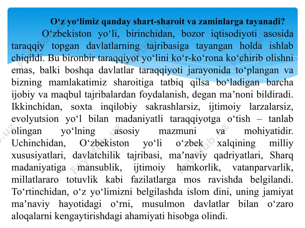 itutsiya loyihasini yaratishda birlashgan millatlar tashkiloti hujjatlariga, inson huquqlari umumjahon deklaratsiyasiga, xalqaro huquqning barcha eʼtirof etilgan qoidalariga amal qilindi. shuningdek, rivojlangan demokratik davlatlar, jumladan, аmerika qo‘shma shtatlari, yaponiya, kanada, germaniya, fransiya, portugaliya, italiya, shvetsiya, turkiya, ispaniya hamda sharq mamlakatlari hindiston, pokiston, misr davlatlarining tajribasidan foydalanildi. sessiyada deputatlar loyihaga 80 ga yaqin o‘zgartirish, qo‘shimcha va aniqliklar kiritdilar. shunday qilib, 1992-yil 8-dekabr kuni o‘zbekiston respublikasining konstitutsiyasi qabul qilindi va konstitutsiya qabul qilingan sana umumxalq bayrami – o‘zbekiston respublikasining konstitutsiyasi kuni deb eʼlon qilindi. yangi ishlab chiqilgan mustaqil o‘zbekiston respublikasining konstitutsiyasi 6 bo‘lim, 128 moddadan iborat. mazkur yangi tahrirdagi o‘zbekiston respublikasi konstitutsiyasi 2023-yil 30-aprel kuni o‘tkazilgan o‘zbekiston respublikasi referendumida umumxalq ovoz berish orqali qabul qilingan. muqaddima, 6 bo‘lim, 27 bob, 155 ta moddadan iborat 3. davlat ramzlarining qabul qilinishi. mustaqillikning asosiy ramzlaridan biri hisoblangan milliy bayroq 1991-yil 18-noyabrda qilindi va 407-xxi sonli qonun bilan tasdiqlangan hisoblanadi. yarim oy – o‘zbekiston xalqining ko‘p asrlik …