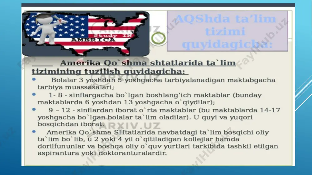 lang'ich maktab deb ham ataladi. va ko'pgina hududlarda hukumat tomonidan bepul taqdim etiladi. boshlang'ich maktab birinchi sinfdan beshinchi sinfgacha boshlanadi yoki boshlanadi. o'rta maxsus ta'lim o'rta maktab o'rta maktab yoki o'rta maktabga tegishli. o'rta o'rta maktab odatda o'n bir yoshdan o'n ikki yoshgacha boshlanadi va uch yil davom etadi. o'rta maktab oltinchi sinfdan sakkizinchi sinfgacha boshlanadi. o'rta maxsus ta'lim o'rta maktab o'rta maktab yoki o'rta maktabga tegishli. o'rta o'rta maktab odatda o'n bir yoshdan o'n ikki yoshgacha boshlanadi va uch yil davom etadi. o'rta maktab oltinchi sinfdan sakkizinchi sinfgacha boshlanadi. o'rta maktablarda o'qitishning bunday turi aqshda ham bepul. o'rta maktab yoki katta o'rta maktab oliy maktab ta'limning eng zarur qismidir. bu talabaning o'zi xohlagan kasbni tanlash bosqichini belgilaydi. o'rta maktab odatda o'n to'rt yoki o'n besh yoshda boshlanadi va taxminan o'n sakkiz yoshda tugaydi. o'rta maktablar o'quvchilarga asosiy fanlarni tanlash imkonini beradi. bu erdagi o'rta maktab ko'pincha bitiruv yoki kollejga …
