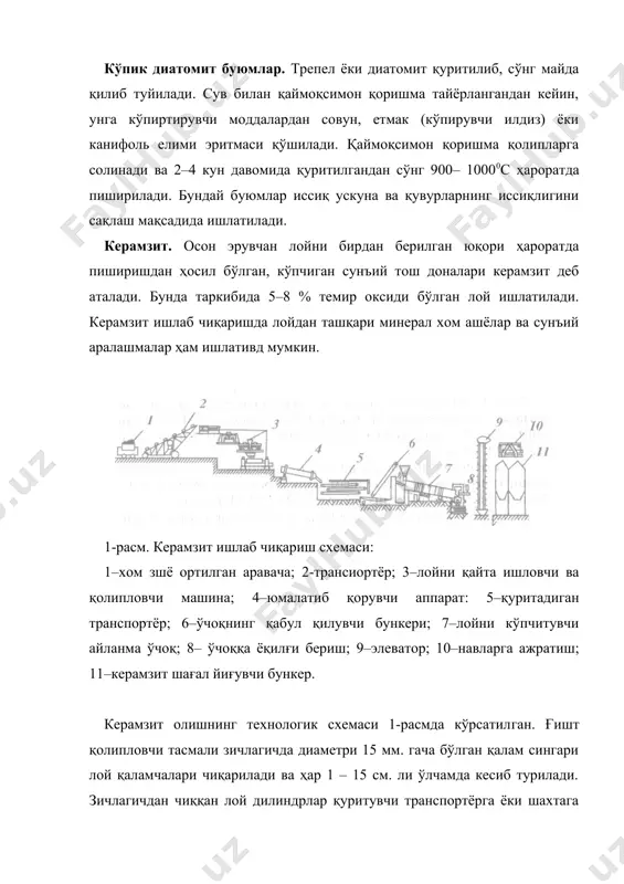 ; 3. юқори ҳароратга чидамли (эриш ҳарорати 1770–2000°с); 4. ўтга ўта чидамли (эриш ҳарорати 2000°с дан юқори бўлган). ўтга чидамли ашёлар нам ва ним қуруқ ҳолатда зичлаш, қуйиш ва эритиб қуйиш усуллари билан тайёрланади. оқова сув ва дренаж сопол қувурлари. оқова сув қувурлари учун таркибида 75 %гача тупроқ ва 25–30 %гача шамот бўлган хом ашё ишлатилади. хом ашёни ишлаш ва қоришма тайёрлаш нам ёки ним қуруқ усулда олиб борилади. қувурлар ҳавоси сўриб олинган қолипдан иборат бўлган тик винтли зичлагичларда қолипланади. бунда қувур учун тайёрланган лой қоришмасининг намлиги 17– 18 % бўлиши керак. ҳозирги вақтда кўпгина заводларда қувурлар поршенли зичлагичларда қолипланади. унинг иш унуми винтли зичлагичга нисбатан юқори бўлиб, қолипланаётган қувурнинг ички ва ташқи юзаси бир жинсли текис қилиб тайёрланади. қолипдан чиққан қувур қуритилади ва пиширишдан олдин унинг ички ҳамда ташқи томони сирланади. бундай қувурларнинг сирланган сирти мустаҳкам ва зич бўлиши керак. унинг сув шимувчанлик кўрсаткичи 9–11 %, қувурнинг ички диаметри …