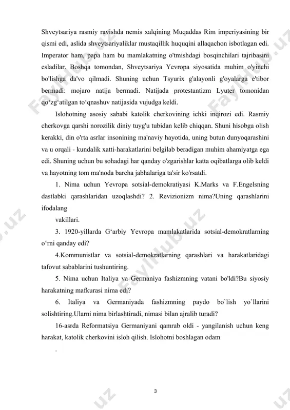 ya va germaniya fashizmning vatani bo'ldi?bu siyosiy harakatning mafkurasi nima edi? 6. italiya va germaniyada fashizmning paydo bo`lish yo`llarini solishtiring.ularni nima birlashtiradi, nimasi bilan ajralib turadi? 16-asrda reformatsiya germaniyani qamrab oldi - yangilanish uchun keng harakat, katolik cherkovini isloh qilish. islohotni boshlagan odam . i-bob germaniyada dehqonlar urushiga sabab bo’lgan reformatsiya 1.1 reformatsiyaning kelib chiqish sabablari va sabablari reformatsiya 16-asr boshidagi eng yirik ijtimoiy va siyosiy harakat boʻlib, deyarli butun yevropani qamrab oldi. reformatsiya dastlabki burjua inqiloblarini mafkuraviy jihatdan tayyorladi, inson shaxsining alohida tipini tarbiyaladi, burjua axloqi, dini, falsafasi, fuqarolik jamiyati mafkurasi asoslarini shakllantirdi, shaxs, guruh va jamiyat o'rtasidagi munosabatlarning dastlabki tamoyillarini yaratdi. . islohot 16-asrdagi ijtimoiy-iqtisodiy va madaniy vaziyat tomonidan inson ruhiyatiga tashlangan inqirozga ruhiy javob edi. bundan tashqari, reformatsiya g'arbiy evropa mamlakatlaridagi chuqur ko'p qirrali inqiroz tufayli yuzaga kelgan harakatdir. bugungi kunda jahon hamjamiyati, ko‘plab siyosatshunos va iqtisodchilarning fikricha, siyosiy, ijtimoiy-iqtisodiy, dunyoqarash inqirozi davriga qadam qo‘ymoqda. shuning uchun …