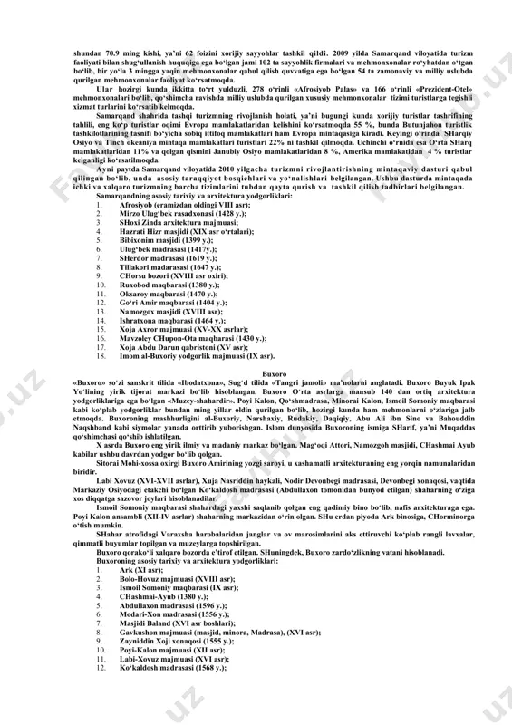 y bozorlaridan biri, unda hozir ham oziq-ovqat mahsulotlaridan tortib mahsulotlarigacha barchasini topish mumkin. eski shaharning markazida xvi asrning ajoyib yodgorligi-baroqxon madrasasi joylashgan. mdh mamlakatlarining ruhoniylari ta’lim oladigan islom universiteti ham shu erdan o‘rin olgan. bulardan tashqari, 1966 yil zilzilasidan yunusxon maqbarasi, ko‘kaldosh madrasasi kabi ajoyib yodgorliklar omon qolgan. toshkent metrosi ko‘pchilikka ma’lum bo‘lgan zamonaviy arxitektura durdonalaridan biri bo‘lib hisoblanadi. 2007 yilning noyabr oyida o‘tkazilgan yuneskoning 34-sessiyasida ham toshkent shahrining 2200 yilligi keng nishonlash tadbirlarini o‘tkazish yuzasidan karor qabul qilingan edi. o‘zbekiston respublikasi prezidenti 2008 yilning 2 aprelida «toshkent shahrining 2200 yilligini nishonlashga tayyorgarlik ko‘rish va uni o‘tkazish» to‘g‘risidagi qarorini qabul qildi. unga ko‘ra, o‘zbekiston poytaxti, ilm-fan va madaniyat markazi, tinchlik va do‘stlik ramziga aylangan toshkent shahrining 2200 yilligini keng nishonlash va munosib o‘tkazishga alohida e’tibor qaratilgan. yubiley munosabati bilan ko‘plab tarixiy yodgorliklar qayta ta’mirlandi, yangi binolar qurildi va shaharning ijtimoiy infrastrukturasini yanada obod bo‘ldi. toshkentning asosiy tarixiy va arxitektura yodgorliklari: …