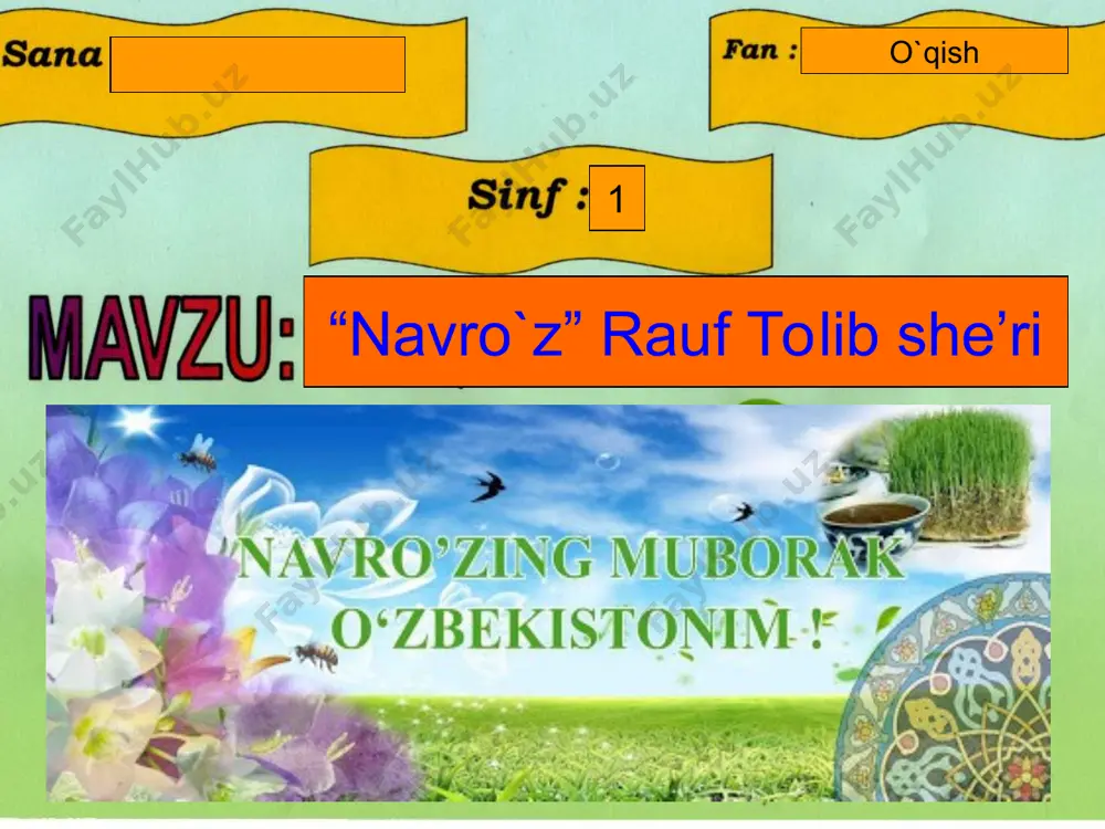 eksayu yoshi. qozonlarda sumalak, yoziq dasturxon. navro`z bayram muborak, ey ozbekiston! lug'at ishi ko`hna turon—qadimiy turkiston ,ona yurtimiz nomi oshnam-do`st, o`rtoq sayilgoh-istirohat bog`lari keksa-ulug` otaxon va onaxonlar husnixat asosida daftaringizga yozing necha so`z organdingiz yangi mavzuni mustahkamlash navro`zda tabiatda qanday o`zgarishlar ro`y beradi? navro`zda qanday taomlar pishiriladi nishonlaydilar? navro`z bayrami qayerda nishonlanadi aqlimizni charxlaymiz dars yakuni o`quvchilarni rag`batlantirish matnni o`qib hikoya qilib berishga tayyorlanib kelish. navro`z rasmini chizib kelish. диаграмма1 she'rni tinglaymiz sheet1 1 кв 2 кв 3 кв 4 кв восток 20.4 27.4 90 20.4 запад 30.6 38.6 34.6 31.6 север 45.9 46.9 45 43.9 navro`z ko`hna turon elida navro`zi olam. yellar turar qo`limdan: "qani, yur,oshnam!" nur sochadi mo`l-u ko`l navro`z quyoshi. sayilgohda yurtimning keksa-yu yoshi. qozonlarda sumalak, yoziq dasturxon. navro`z bayram mubotak, ey o`zbekiston!