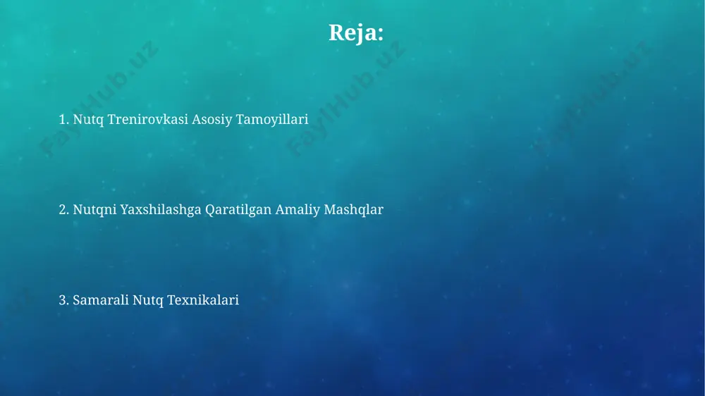 nutqning tezligini va intonatsiyani o'zgartirish orqali, xabarni ta'kidlash yoki aksincha, uning ahamiyatini kamaytirish mumkin. bu 10 dan ortiq turli xil uslublarda qo'llanishi mumkin. nutqdagi pauzalarni to'g'ri qo'llash, masalan, 2-3 soniya davomida, tinglovchilarning fikrlarini jamlash va ma'lumotni yaxshiroq qabul qilishlariga yordam beradi, ayniqsa, toshkentdagi katta auditoriyada nutq so'zlashda. artikulyatsiya mashqlari tilning, lablarning va jag'ning harakatlarini o'z ichiga olgan 15 xil artikulyatsiya mashqlari to'plami, samarqandda o'tkazilgan tadqiqotga ko'ra, bolalarda so'z boyligini 30% ga kengaytiradi. artikulyatsiya mashqlarining 5-10 minuti davom etadigan muntazam bajarilishi, toshkentdagi nutq terapiyasi markazlarining kuzatuvlariga ko'ra, artikulyatsiya aniqligini 20% ga oshirishi mumkin. nutqning aniqligi va ravshanligi nutq terapevtlarining ta'kidlashicha, muntazam mashqlar orqali, 12 hafta davomida nutqning aniqligi va ravshanligini 25% ga yaxshilash mumkin, bu esa toshkentdagi ko'plab mutaxassislar tomonidan tasdiqlangan. o'zbek tilida 30 dan ortiq diftong va unli tovushlar mavjud bo'lib, ularning to'g'ri talaffuzi nutqning ravshanligi uchun juda muhimdir, chunki noto'g'ri talaffuz tushunmovchilikka olib kelishi mumkin. e'tiboringiz uchun rahmat @taqdimot_robot …
