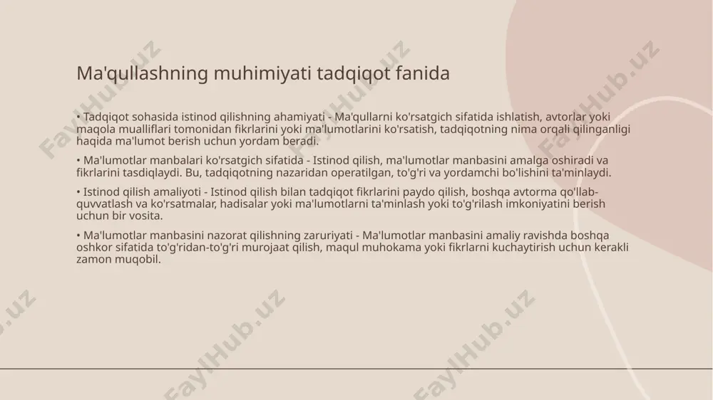 lash, tahlil qilish va chiqish - tadqiqot natijalarini tahrir qilish va maqola yoki ma'lumotnoma yozish. natijalar chiqish - tadqiqotning ommaviy platformalarda tarqatilishi. • tadqiqotning muhimligi - tadqiqotning tehnikasi - maqsadga muvofiq metodlarni tanlash, ma'lumotlarni to'plash va tahlil qilish jarayonini tuzish. to'g'ridan-to'g'ri ma'lumotlarni topish va muammo hal qilish - tadqiqotda chet tillarda topilgan ma'lumotlarni tarjima qilish va ma'lumotlarni mos ravishda tahlil qilish. tadqiqot natijalarini tasniflash usullari • tadqiqot natijalarini tasniflashning ahamiyati - tadqiqot natijalarini tartiblash, tahlil qilish, ta'kidlash va amalga oshirish bo'yicha usullar • tarixiy yoki zamonaviy tadqiqot natijalarini birlashtirish - tarixiy tadqiqot natijalari, zamonaviy tadqiqot natijalari bilan taqqoslash, ularni bir-biriga asoslanganligiga qarab tartiblash tadqiqotmoniclik va noyobiyati • tadqiqotmoniclik va unikalilik - tadqiqotlar oʻzining originaliyati va noyobiyatiga ega bo‘lishi kerak. bu tufayli, yangiliklar va foydali ma'lumotlar olish mumkin bo‘ladi. • tadqiqotlar hisoblanishi - tadqiqotchilar o‘zlarining qiyinchiliklari va noyobiyatga ega bo‘lgan usullarni qo‘llashadi. asosiy maqsadlarga erishish uchun qat’iy va aniq yoki rekursiv …