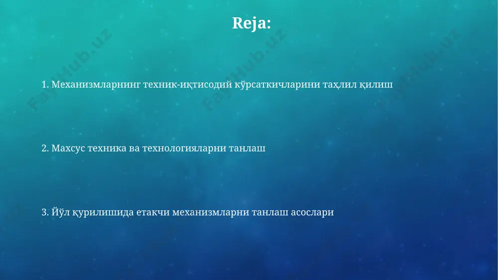 г станциялари ўрнатилган бўлиб, бу ҳаво сифатини яхшилашга ёрдам беради. зарур бўлган асбоб-ускуналарни аниқлаш кўп функцияли йўл қурилиш машиналарини сотиб олиш ёки ижарага олишдан аввал, химиявий таркибига мос келадиган битум турини аниқлаш зарур, бунинг учун 3-5 та намуна лаборатория текширувидан ўтказилади, навоий шаҳридаги лабораториялар бу хизматни таклиф этади. йирик тонналик асфальт ётқизувчи машиналар (150 тоннагача), 10-20 тонналик асфальт ташувчи юк машиналари ва ҳар хил ўлчамдаги вибрацион ва статик плиталар тошкент шаҳридаги йирик қурилиш компанияларидан ижарага олиниши мумкин. иқтисодий самарадорликни баҳолаш тошкент шаҳридаги 10 кмли йўлнинг қурилишидаги иккита механизмни солиштиришда, а механизми 20% кам харажат билан 15% тезроқ якунланганлиги иқтисодий самарадорлигини кўрсатади. самарқанд вилоятидаги тажрибада, с механизми 30% кам ёқилғи сарфлаб, 25% кўп иш бажарган, бу унинг узоқ муддатли иқтисодий фойдасини таъминлайди. лойиҳа талабларига мувофиқлик тошкент вилоятидаги 20 кмлик йўл қурилиши учун танланган механизмларнинг ишлаш қуввати соатига 100 м³ дан кам бўлмаслиги, шунингдек, давлат стандартлари ва 5-сонли техник регламент талабларига жавоб …