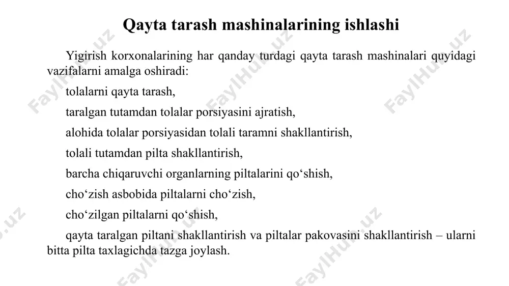 ning oraliq tsilindri; 11-cho`zish asbobining chiqaruvchi tsilindri; 12-pilta taxlagichning yassilovchi vali; 13-pilta taxlagichning ustki tarelkasi; 14-pilta taxlagichning pastki tarelkasi. qayta tarash mashinasining siklik diagrammasi. i davr ii davr iii davr iv davr qayta tarash mashinasining barcha ishchi organlari o’zaro mutanosib ishlashi va operatsiyalarni ketma-ket amalga oshishini ta’minlashi kerak. shuning uchun ishchi qismlar 40 bo’linmaga ajralgan indikatorli disk yordamida sozlangan bo’ladi. taroqli barabancha yordamida tarash siklining 12,5 % ini, ustki taroq yordamida tarash esa 30 % ini tashkil etadi. umumiy tarash 42,5 % davom etadi. siklning qolgan 57,5 % i tutamning old va orqa uchlarini tarashga tayyorlashga sarf etiladi. rieter firmasining qayta tarash mashinasining siklik diagrammasi. i davr ii davr iii davr iv davr qayta tarash mashinasini ta’minlovchi mexanizm, qisqichlar, taroqli barabancha, ustki taroq, ajratuvchi mexanizm kabi asosiy ish qismlaridan iborat. ularning o‘zaro mutanosib ishlashi qayta tarash jarayonining samaradorligini ta’minlaydi. qayta tarash mashinasining asosiy mexanizmlari ta’minlovchi mexanizm 1 - xrapavik; 2 …