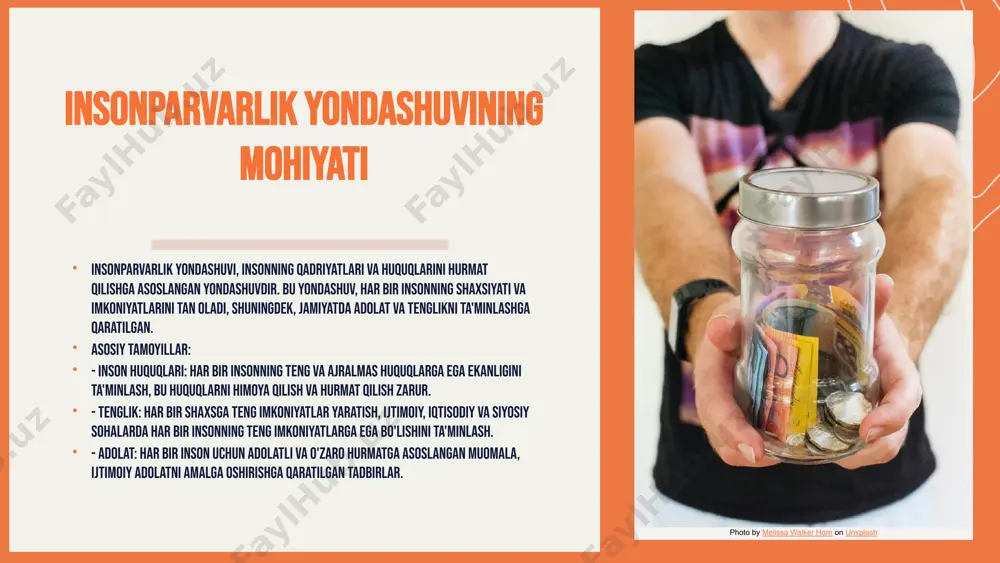 insonparvarlik yondashuvining o'ziga xos xususiyatlari insonparvarlik yondashuvining o'ziga xos xususiyatlaridan biri, insonning ehtiyojlarini va qadr-qimmatini birinchi o'ringa qo'yishdir. bu yondashuv, har bir shaxsning o'ziga xosligini tan olish va hurmat qilishni ta'minlaydi. ikkinchi xususiyat, ijtimoiy adolat va tenglikni ta'minlashdir. bu, jamiyatdagi barcha insonlarning imkoniyatlarini tenglashtirishga qaratilgan, shuningdek, har qanday kamsitishni oldini olishga yordam beradi. uchinchi xususiyat, insonlar o'rtasida hamdardlik va hamkorlikni rivojlantirishdir. bu yondashuv, bir-biriga yordam berish va qo'llab-quvvatlash muhitini yaratishga qaratilgan. hozirgi zamonda, masalan, jamoatchilik ishlariga ko'ngilli bo'lish, insonparvarlik yondashuvini amalga oshirishning bir ko'rinishi sifatida ko'rinadi. shuningdek, turli ijtimoiy loyihalarda ishtirok etish, bu yondashuvni hayotga tatbiq qilishning muhim usuli hisoblanadi. photo by annie spratt on unsplash what to show in a mockup 01 02 03 insonparvarlik yondashuvining kelajagi insonparvarlik yondashuvi kelajakda jamiyatda ahamiyatini yanada oshirishi kutilmoqda. ushbu yondashuv, inson huquqlarini himoya qilish va ijtimoiy adolatni ta'minlashda muhim rol o'ynaydi; shuningdek, bu jarayonda ta'lim, ijtimoiy xizmatlar va jamiyatdagi muloqotning rivojlanishi muhim …