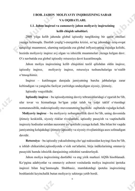uy-joy sotib olishga bulgan talabining oshishi natijasida aqshda ko‘chmas mulkning narxi tez suratda o‘sishi kuzatildi. bu davrda uy qurilishi 1991-1995 yillarga nisbatan 2 barobar oshdi. jami olingan kreditlar miqdori 750 milliard aqsh dollarini tashkil etib (2005), ularning 2/3 qismi shaxsiy iste'mol, remont va kredit to‘lovlariga sarflandi.[footnoteref:1] [1: ақшнииг расмий сайти www.urbaneconomics.us/publications.php?folder_id=103&mat_id=907] aqsh ipoteka inqirozi ipoteka bozorining bir segmenti hisoblangan nostandart ipoteka kreditlari (subprime mortgage) bozoridagi yuzaga kelgan tang vaziyatdan boshlandi. nostandart ipoteka kreditlari (subprime mortgage) – bu shunday kreditlash jarayoniki, unda qarz (kredit) oluvchi shaxs o‘zining ijtimoiy-iqtisodiy imkoniyatidan kelib chiqib an'anaviy, standart ipoteka krediti talablariga javob bera olmaydi, ya'ni o‘z daromadi va ijtimoiy statusining pastligi, kredit tarixining yaxshi emasligi, foizlar va doimiy to‘lovlarni o‘z vaqtida to‘la olmaslik kabi turli risklarni o‘z ichiga olgan suzib yuruvchi (o‘zgaruvchi) past foizli stavkalarda kredit oladi. aqsh nostandart ipoteka krediti bozorining umumiy hajmi 1.3 trln. aqsh dollariga tengdir (2007). bu jami ipoteka bozorining 10%dan ko‘proq …
