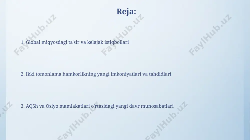 dam beradi. texnologik almashinuv va innovatsiyalar katta ma'lumotlar (big data) tahlili va kiberxavfsizlik texnologiyalari bo'yicha hamkorlik aqsh va osiyo mamlakatlari o'rtasida 5 milliard dollardan ortiq investitsiyalarni jalb qildi. aqsh va osiyo mamlakatlari o'rtasidagi texnologiya almashinuvi 2022-yilda 15% ga o'sdi, bu esa ikki tomonlama investitsiyalar va qo'shma korxonalarning ko'payishini ko'rsatadi. investitsiyalar va savdo aloqalari aqshning osiyo mamlakatlari bilan savdo hajmi 2022 yilda 1,8 trillion dollarni tashkil etdi, bu esa ikki tomonlama investitsiyalar oqimining sezilarli darajada o'sishini ko'rsatadi. xitoy va hindiston kabi osiyo gigantlari aqshga to'g'ridan-to'g'ri xorijiy investitsiyalar oqimini yiliga o'rtacha 100 milliard dollarga oshirishni rejalashtirmoqda. madaniy almashinuv va o'zaro tushunish madaniy tushunishni oshirish uchun 50 dan ortiq osiyo mamlakatlaridan 1000 dan ortiq talaba aqsh universitetlarida o'qiydi. o'zaro madaniy dasturlar, masalan, filmlar, musiqa va san'at orqali, ikki mintaqa o'rtasidagi aloqalarni kuchaytirishda muhim rol o'ynaydi va 20% ga yaqin samaradorlik ko'rsatkichini ta'minlaydi. siyosiy hamkorlik va diplomatiya 2023 yilda ikki tomonlama muzokaralar soni 50 …
