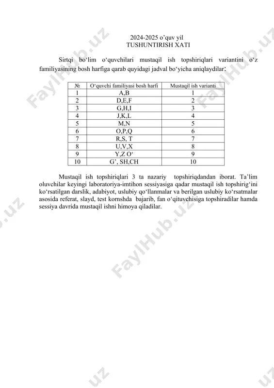 elastik va elastik bo’lmagan talab mustaqil ish № 4 (familiyasi j,k,l, harflari bilan boshlanadigan o‘quvchilar) . 1narx ustidan nazorat, narxning yuqori chegarasi. 2. ishlab chiqarish va uni tashkil etish asoslari, ishlab chiqarish omillari 3.iste’molsining xatti-xarakatining xususiyatlari va unga ta’sir etuvchi omillar. mustaqil ish № 5 ((familiyasi m,n harflari bilan boshlanadigan o‘quvchilar). 1. zamonaviy makroiqtisodiyotning ahamiyati. 2.o’zbekistonda makroiqtisodiy strategiyaning ustuqor yo’nalishlari. 3. yalpi milliy mahsulotni daromadlar bo’yicha hisoblash mustaqil ish № 6 (familiyasi o,p,q harflari bilan boshlanadigan o‘quvchilar) 1. investitsion sarflar. ulardan kutiladigan foyda. eksport va imrort. 2. yalpi talab va yalpi taklifga ta’sir etuvchi omillar, ularni o’zgarishiga ta’sir etuvchi milliy ishlab chiqarish jarayonlari. 3. milliy valyuta va uning kursi o’zgarishi 4. inflyatsiya, pul xarakati va inflyatsiyaga olib keluvchi shartsharoitlar . mustaqil ish № 7 (familiyasi r,s, t harflari bilan boshlanadigan o‘quvchilar) 1. axoli turmush darajasini belgilovchi iqtisodiy va ijtimoiy ko’rsatkichlar. 2 budjet daromadlarining tarkibi, byudjetning taqsimlanishi. 3.xalqaro mehnat taqsimoti. tashqi …
