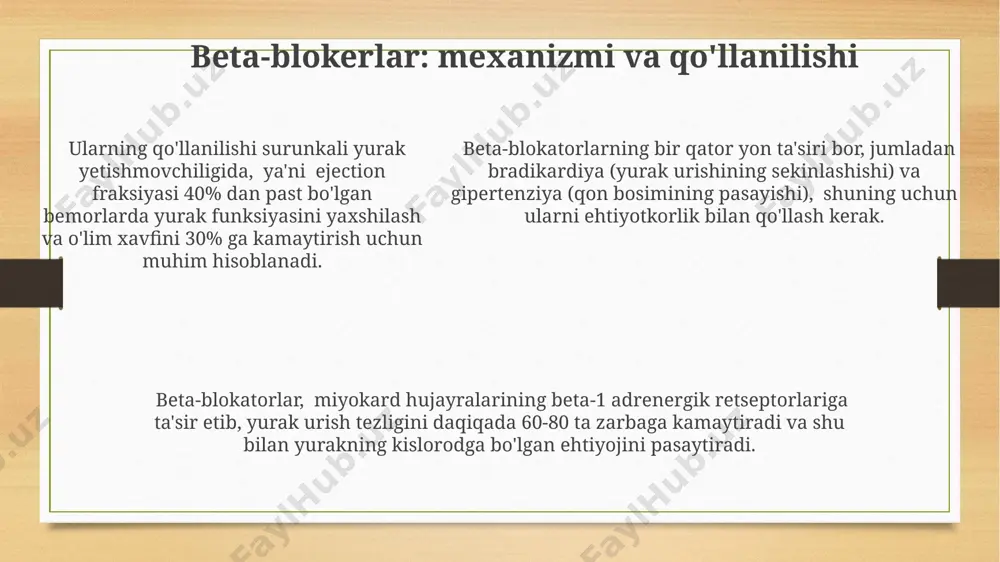 iyasi (ef) va miya natriyuretik peptidi (bnp) darajasini o‘lchash kabi 2-3 ta muhim ko‘rsatkich nazorat qilinadi. kardiotonik vositalarning ta'sir mexanizmi beta-adrenergik blokerlar kabi ba'zi kardiotonik vositalar, yurak ritmini normallashtirib, yurak urish tezligini kamaytiradi va shu bilan yurakning kislorodga bo'lgan talabini 10-15% ga pasaytiradi, miokardning ishlashini optimallashtiradi. kardiotonik vositalarning asosiy ta'sir mexanizmi yurak mushak hujayralarining qisqarish kuchini oshirish, kalsiy ionlari oqimini modulyatsiya qilish va shu bilan sistollik funksiyasini yaxshilashdan iborat bo'lib, natijada qon aylanishini 20-30% ga yaxshilanadi. ba'zi kardiotoniklar, masalan, digoksin, na+/k+-atf-aza fermentini inhibe qilish orqali hujayra ichidagi kalsiy konsentratsiyasini oshirib, miokardning qisqarishini kuchaytiradi va yurak chiqishini 15-25% ga ko'taradi. diüretiklar: mexanizmi va qo'llanilishi diuretiklarning qo'llanilishi yurak yetishmovchiligida o'pka shishini kamaytirish, arterial bosimni nazorat qilish va qon aylanishini yaxshilash maqsadida 1-2 mg/kg dan boshlab dozalarini individual tanlashni talab qiladi. diuretiklar buyrak naychalarida natriy va suvning reabsorbsiyasini 60-70% ga kamaytirib, siydik hajmini oshiradi, shu bilan qon hajmini va qon tomirlaridagi bosimni pasaytiradi. …