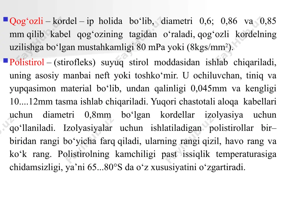 g‘iga ega kuchli kabelning eng asosiy hususiyati olovga bardoshliligi bo‘lib, sinov paytida alanga olib tashlaganidan so‘ng, kabelning o‘z-o‘zidan so‘nishi hisoblanadi. bunday xususiyatga ega polivinilxlorid plastikat izolyatsiyali va shlangli kabellarda alanga tarqalmaydi. demak, asosiy ko‘rsatkich – alanga olib tashlanganda so‘nish vaqtining davomiylidir. so‘ngi ma’lumotlarga asosan materiallar yonuvchanligi kislorod indeksi va solishtirma yonish issiqligi ko‘rsatkichlari bilan ifodalanadi. material yonuvchanlik ko‘rsatkichi kislorodli indeks % solishtirma yonish issiqligi,mm/kg polietilen 16-18 46,5 so‘nuvchan polietilen 25-27 46,6 polivinilxlorid (qatroni) 45 20 polivinilxlorid plastikat 23-27 22,6 xloropren kauchukli rezina 22-25 29 ftoroplast 95 4,5 o‘zining yuqori elektr izolyatsion va mexanik xarakteristikasi bo‘yicha polietilen barcha klass kuchlanishli kabel izolyatsiyasida qo‘llanilishi mumkin. lekin qisqa tutashuv paytida polietilenning nisbatan past issiqlikka bardoshligi, uning asosidagi kabellarni keng miqiyosda qo‘llanilishini cheklaydi. shu bilan bir qatorda polietilen yuqori darajali radiatsion bardoshlikka egaligi, uni radiatsion nurlanish sharoitida ishlaydigan kabel izolyatsiya va qobig‘ida qo‘llash imkonini beradi. vulqanlangan polietilen tarkibidagi ko‘ndalang molekula aro bog‘lanish tufayli yuqori …