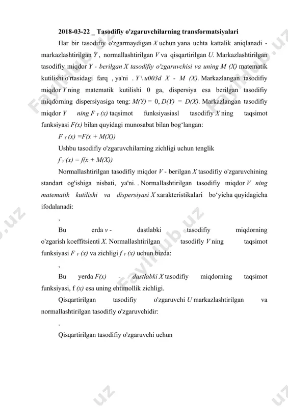 rametri a = k , masshtab parametri b bilan gamma taqsimotiga ega= 1/? va o'zgartirish parametri kc . c = 0 uchun erlang taqsimotini olamiz. agar x tasodifiy o'zgaruvchisi a shakl parametrli gamma taqsimotiga ega bo'lsa, d = 2a butun son, b = 1 va c = 0 bo'lsa, u holda 2 x erkinlik darajasi d bo'lgan x-kvadrat taqsimotiga ega . gvmma taqsimotiga ega bo'lgan x tasodifiy o'zgaruvchisi quyidagi xususiyatlarga ega: - matematik kutish m(x) = ab + c , - dispersiya d(x) =? 2 = ab2 , - o'zgaruvchanlik koeffitsienti - assimetriya - kurtoz oddiy taqsimot gamma taqsimotining ekstremal holatidir. aniqroq qilib aytganda, z (7) formula bilan berilgan standart gamma taqsimoti bilan tasodifiy o‘zgaruvchi bo‘lsin. keyin har qanday x haqiqiy son uchun , bu erda f(x) standart normal taqsimot n (0,1) funksiyasi. amaliy tadqiqotlarda taqsimotlarning boshqa parametrik oilalari ham qo'llaniladi, ulardan pearson egri tizimi, edgeworth va charlier seriyalari eng …