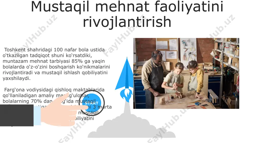 zifalar samarqanddagi bolalar bog'chalarida qo'llaniladi. mas'uliyat tuyg'usini tarbiyalash mas’uliyat tuyg’usini tarbiyalashda 5-7 yoshgacha bo‘lgan bolalarga uy ishlarida 2-3 ta sodda vazifani, masalan, o‘yinchoqlarini yig’ishtirish yoki stolni tozalashni topshirish samarali. bunday yondashuv samarqanddagi ta’lim muassasalarida qo‘llanilmoqda. bolalarda mas’uliyat tuyg’usini rivojlantirishda 8-12 yoshli bolalarga o‘z xonalarini tozalash, o‘z kiyimlarini yuvish kabi murakkabroq vazifalarni yuklash, ularning 30% gacha bajarilishini ta’minlash muhim ahamiyatga ega. mehnat natijalarini baholash андижон вилоятидаги 10 та мактабда ўтказилган сўровномада, 80% ўқитувчилар ўқувчиларнинг меҳнатга бўлган қизиқишини оширишда амалий ишларни баҳолашнинг аҳамиятини таъкидладилар. ўзбекистон республикаси меҳнат вазирлигининг 2023 йилги ҳисоботида, 12-15 ёшли ўсмирларнинг қўл меҳнати билан боғлиқ кўникмаларини баҳолашда стандартлаштирилган тестларнинг самарадорлиги 65% деб баҳоланган. 06 05 04 o'yin orqali mehnatga o'rgatish 01 02 o‘yin orqali 5-7 yoshli bolalarga samarqanddagi hunarmandchilik an’analarini o‘rgatishda, masalan, kulolchilikni taqlid qilish o‘yinlari samarali bo‘lib, nozik motorika va muvofiqlashtirish ko‘nikmalarini rivojlantiradi. toshkentdagi maktabgacha ta’lim muassasalarida 20 dan ortiq turdagi o‘yinlar yordamida bolalarga 3-4 yoshdan boshlab oddiy …