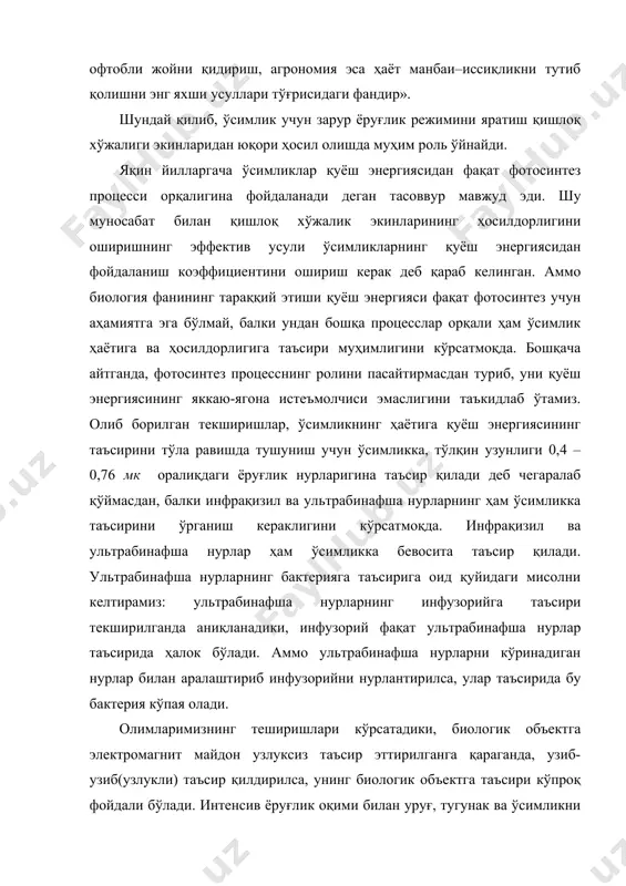 фацетлар, унчалик катта бўлмаган алюминийдан қилинган ялтиратилган параболоид ёки плёнкали концентраторлар ишлатилмоқда. уларнинг концентрация даражаси, одатда 10-50 атрофида бўлади. концентратор фокусида жойлаштирилган биологик объект импульси концентрланган қуёш ёруғлиги таъсирида қизиб кетмаслиги учун биологик объект солинган идиш тебрантириб ёки айлантириб турилади. шундай қилиб, бу методда ёруғликка хос дискрет порциялар билан тарқаладиган ёруғлик оқимининг биологик объектга таъсирини эмас, балки тўпланган кучли ёруғлик чақнашлари–фотоимпульсларнинг биологик объектга таъсирини ўрганилади. ҳар қайси фотоимпульс орасидаги вақтда биологик объектни тўғридан-тўғри тушувчи қуёш нурлари ёритади, бошқача айтганда кетма-кет фотоимпульслар орасидаги ёруғлик паузалари бўлади. кетма-кет фотоимпульслар орасида қоронғилик эмас, балки ёруғлик паузалари келишидан биологик мақсадда фойдаланиш янги методнинг принципиал фарқли белгисидир. ўтказилган кўп йиллик тажрибалар кўрсатадики, ўсимликни импульсли концентрланган қуёш ёруғлиги билан нурлантириш фотосинтез процессининг интенсивроқ ўтишини юзага чиқаради. масалан, ўзбекистон фанлар академиясининг ботаника институтида олиб борилган текширишлар натижасида тўғри қуёш радиациясидан 10 марта ортиқ бўлган импульсли концентрланган қуёш ёруғлиги билан яшил сув ўти – хлореллани 10 ва 20 …