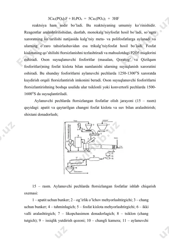 echdan chiqadigan o’txona gazlarini issiqlik yutdirish qozonida sovutish (bug’ ishlab chiqarish); gazlarni changdan tozalash; o’txona gazlaridagi ftorli birikmalarni ajratib olish va ularni ftorli mahsulotlarga aylantirish bosqichlardan iboratdir. aylanuvchi pechning diametri 3,6 m va uzunligi 100 m (tayyor mahsulot bo’yicha unumdorligi: loyihali – 6 t/s; erishilgani – 7,3 t/s ga teng). ftorsizlangan fosfatlar asosan ozuqali vositalar sifatida ishlatiladi, ammo ulardan uzoq muddat tahsir etuvchi o’g’itlar sifatida foydalanilishi ham yuqori samara beradi. pretsipitat ishlab chiqarish. pretsipitat ohak (ohaktosh) ning fosfat kislotasi bilan tahsirlashish mahsulotidir. tsitratli eruvchan dikalg’tsiyfosfat cahpo4*2h2o dan iborat fosforli o’g’it pretsipitat deyiladi. «pretsipitat» so’zi nemischa ‘räzi’itierung – cho’ktirish mahnosini anglatadi. texnik pretsipitat turli darajada boshqa tuzlar: temir va alyuminiy fosfatlari, gips, kalg’tsiy ftoridlari va karbonatlari va boshqalar bilan ifloslangan bo’ladi. texnik pretsipitatdagi p2o5(tsit.) miqdori 40% gacha yetadi. ozuqali pretsipitat (dikalg’tsiyfosfat) da 0,4% li hcl da eruvchi p2o5 43-47% gacha yetadi. u amalda gigroskopik emas, yaxshi fizik xossalarga egadir. shunga qaramay, …