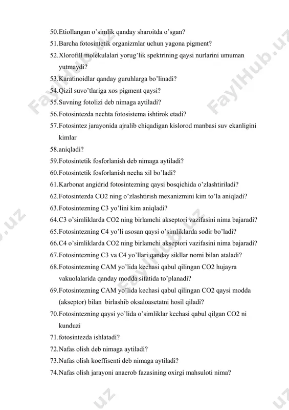 i? 61. karbonat angidrid fotosintezning qaysi bosqichida o’zlashtiriladi? 62. fotosintezda co2 ning o’zlashtirish mexanizmini kim to’la aniqladi? 63. fotosintezning c3 yo’lini kim aniqladi? 64. c3 o’simliklarda co2 ning birlamchi akseptori vazifasini nima bajaradi? 65. fotosintezning c4 yo’li asosan qaysi o’simliklarda sodir bo’ladi? 66. c4 o’simliklarda co2 ning birlamchi akseptori vazifasini nima bajaradi? 67. fotosintezning с3 va с4 yo’llari qanday sikllar nomi bilan ataladi? 68. fotosintezning сam yo’lida kechasi qabul qilingan co2 hujayra vakuolalarida qanday modda sifatida to’planadi? 69. fotosintezning сam yo’lida kechasi qabul qilingan co2 qaysi modda (akseptor) bilan birlashib oksaloasetatni hosil qiladi? 70. fotosintezning qaysi yo’lida o’simliklar kechasi qabul qilgan co2 ni kunduzi 71. fotosintezda ishlatadi? 72. nafas olish deb nimaga aytiladi? 73. nafas olish koeffisenti deb nimaga aytiladi? 74. nafas olish jarayoni anaerob fazasining oxirgi mahsuloti nima? 75. nima sababdan nafas olishda ayrim organik moddalar ishlatilganda nafas olish 76. koeffisiyenti birdan kichik bo’ladi? 77. nafas olish jarayoni aerob …